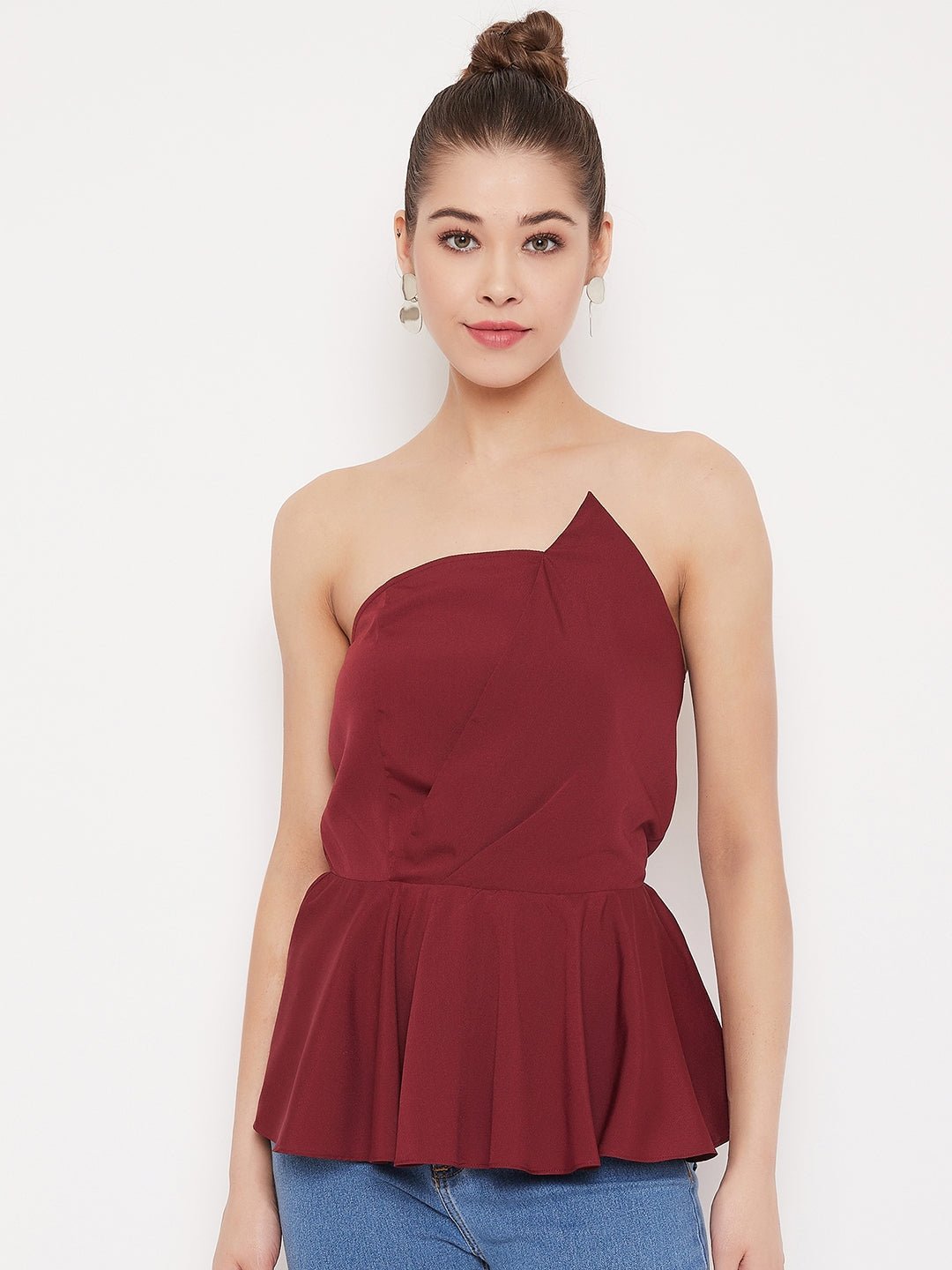 Folk Republic Women Solid Maroon Strapless Neck Sleeveless Crepe Peplum Top - #folk republic#