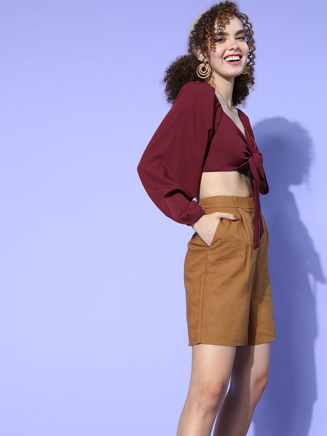 Folk Republic Women Solid Maroon Sweetheart Neck Front Tie-Up Crepe Cropped Top - #folk republic#