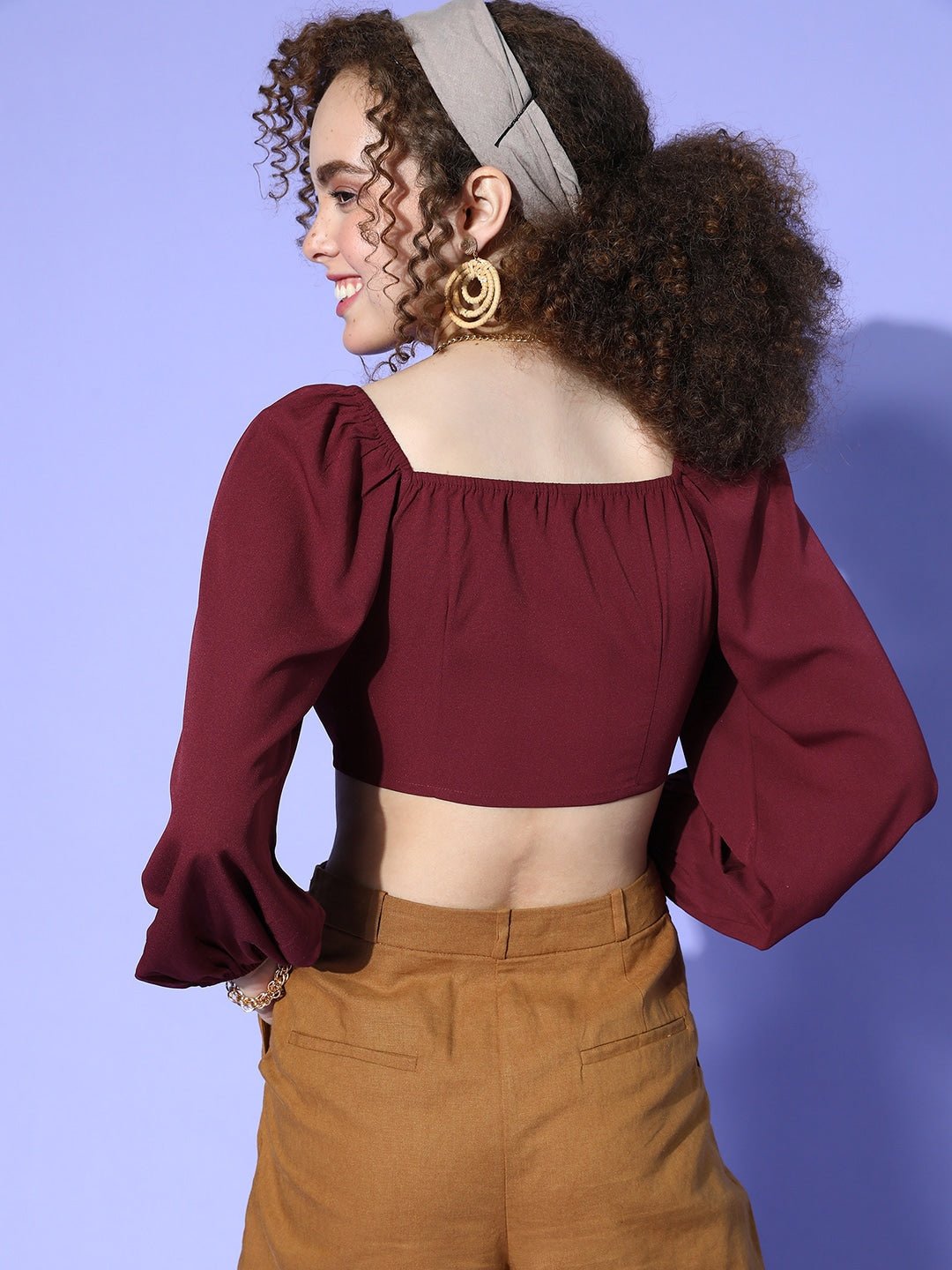 Folk Republic Women Solid Maroon Sweetheart Neck Front Tie-Up Crepe Cropped Top - #folk republic#