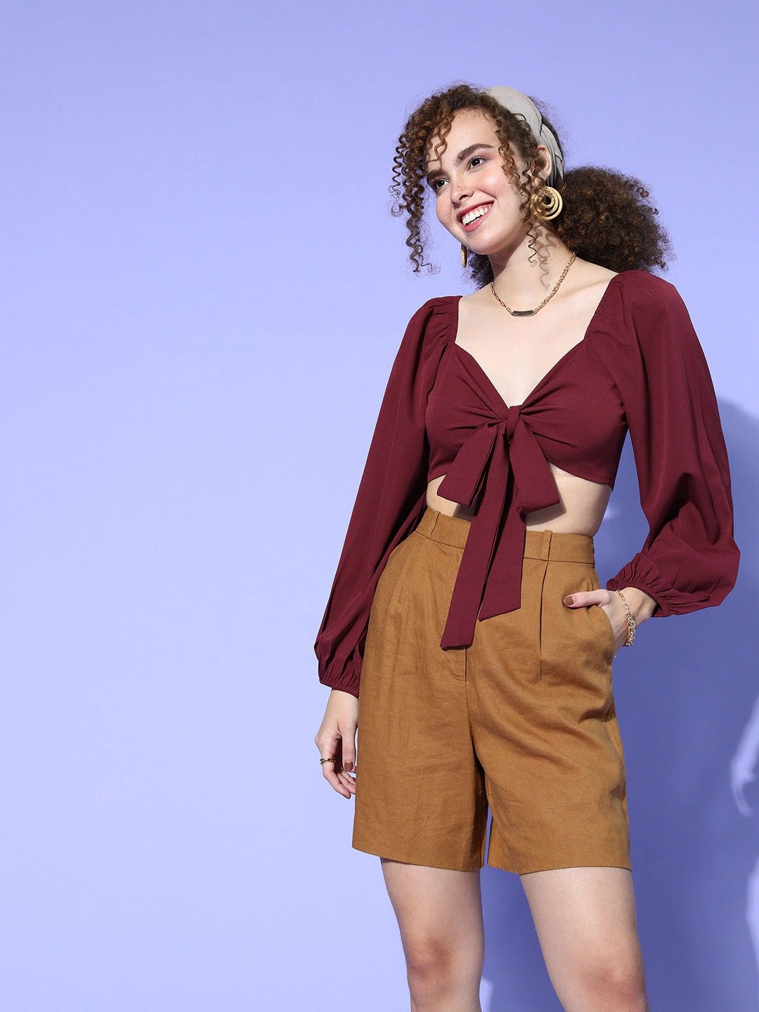 Folk Republic Women Solid Maroon Sweetheart Neck Front Tie-Up Crepe Cropped Top - #folk republic#