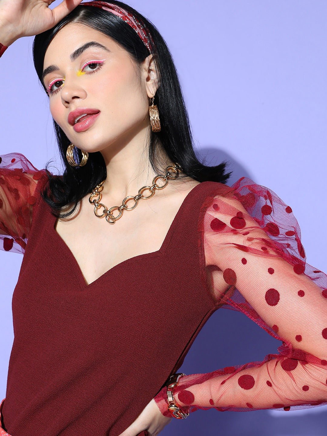 Folk Republic Women Solid Maroon Sweetheart Neck Puff Polka Dot Sleeve Crepe Knitted Regular Top - #folk republic#
