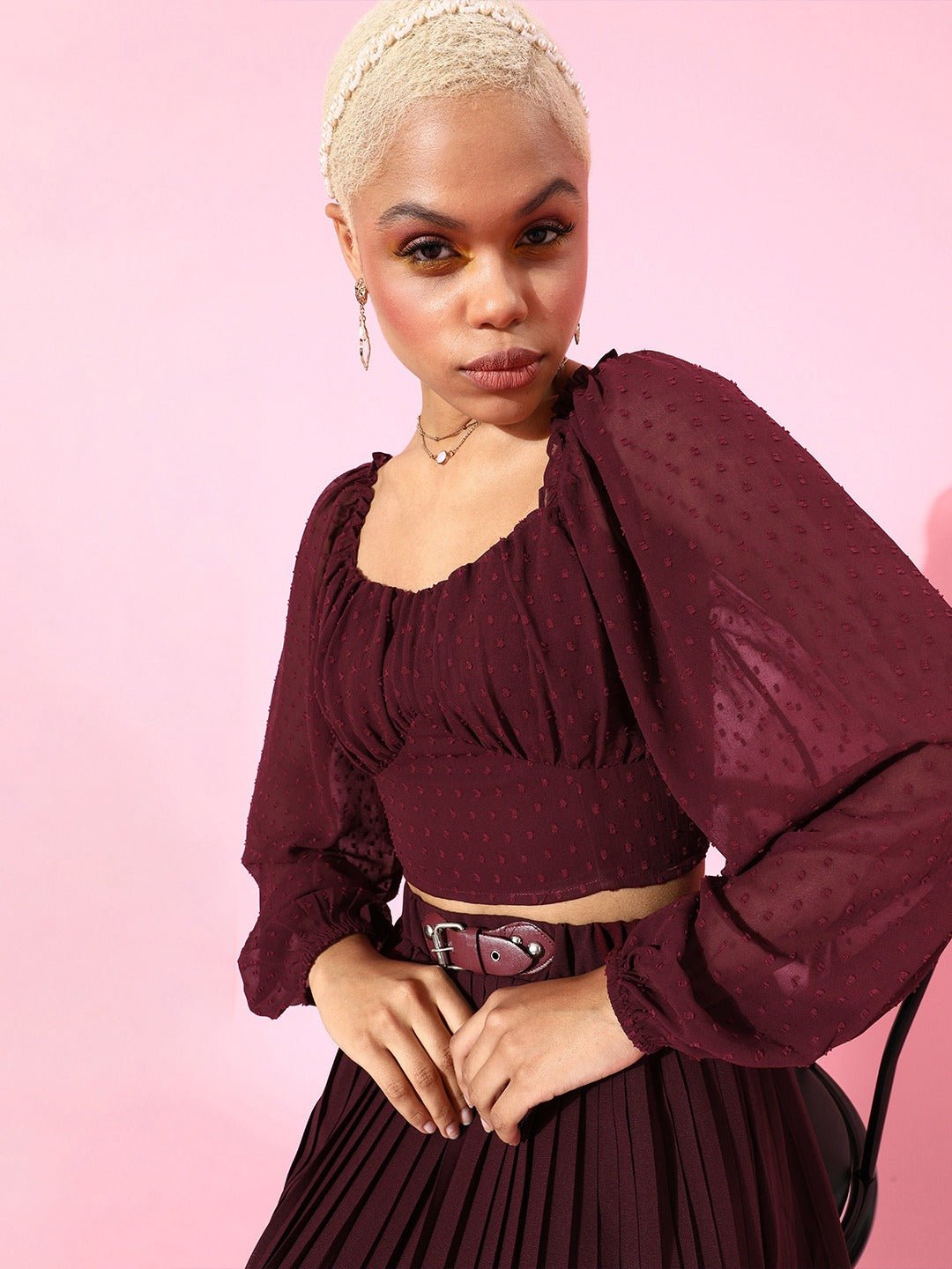 Folk Republic Women Solid Maroon Textured Crepe Smocked Blouson Crop Top - #folk republic#