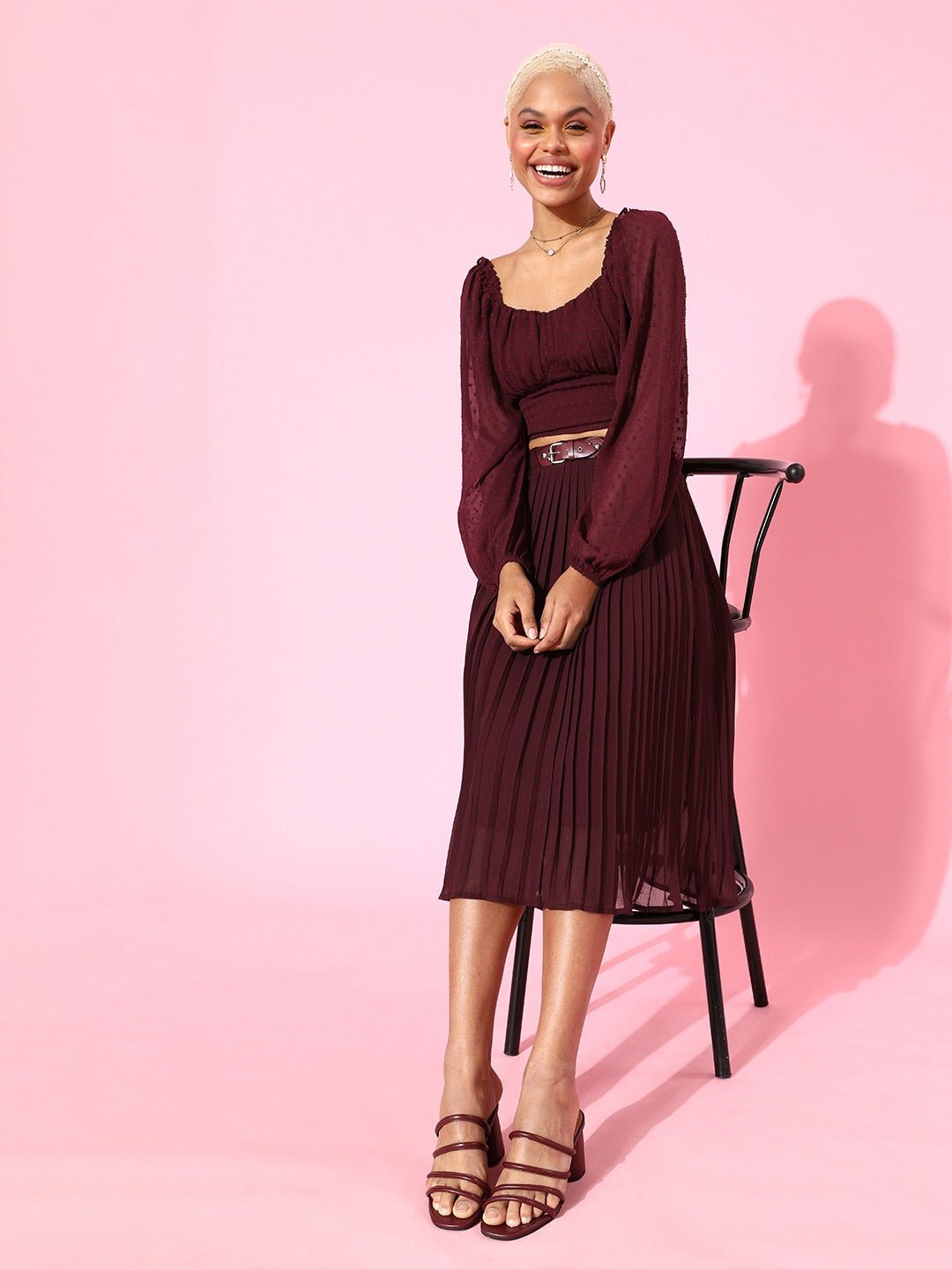Folk Republic Women Solid Maroon Textured Crepe Smocked Blouson Crop Top - #folk republic#