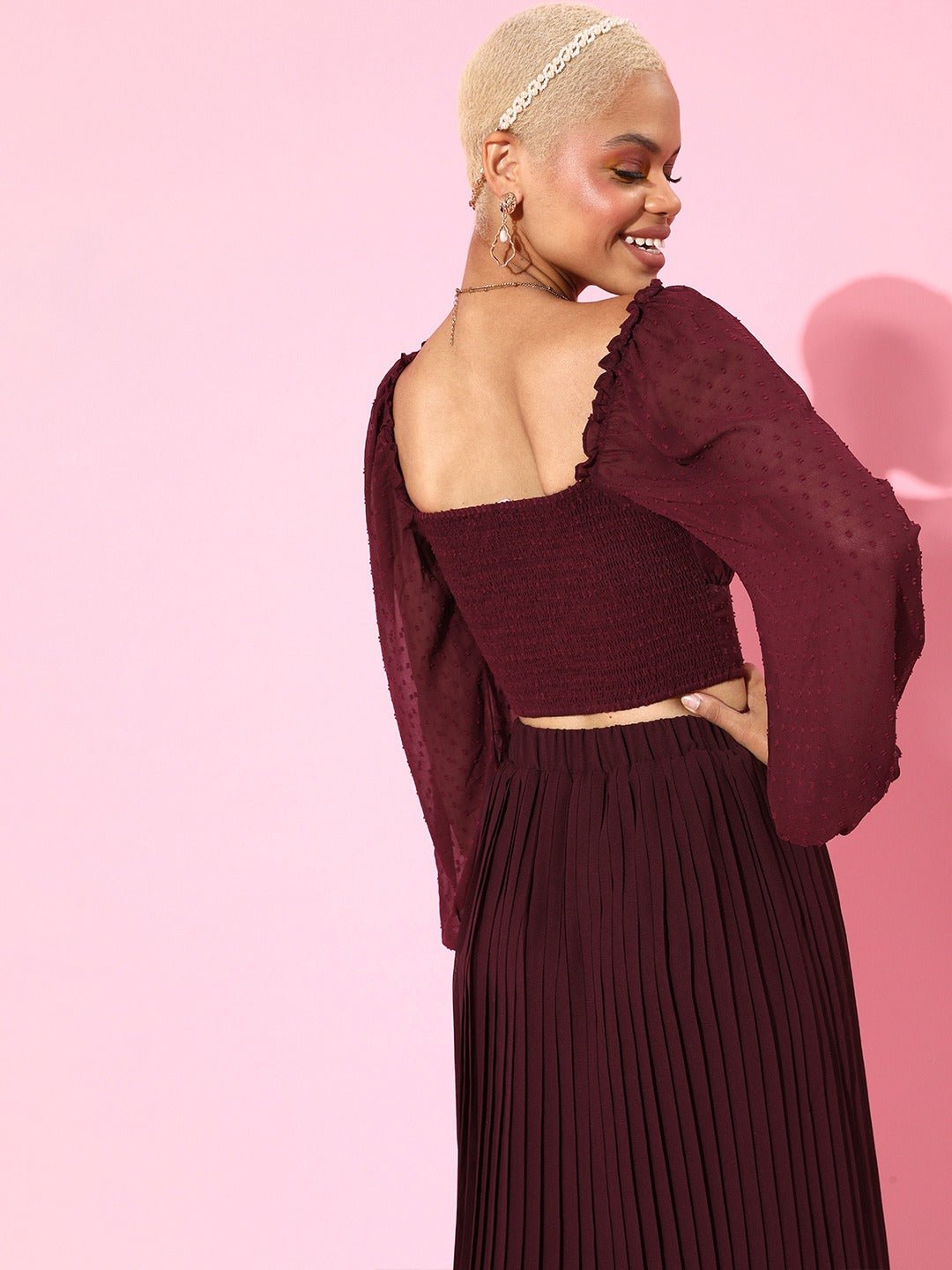 Folk Republic Women Solid Maroon Textured Crepe Smocked Blouson Crop Top - #folk republic#