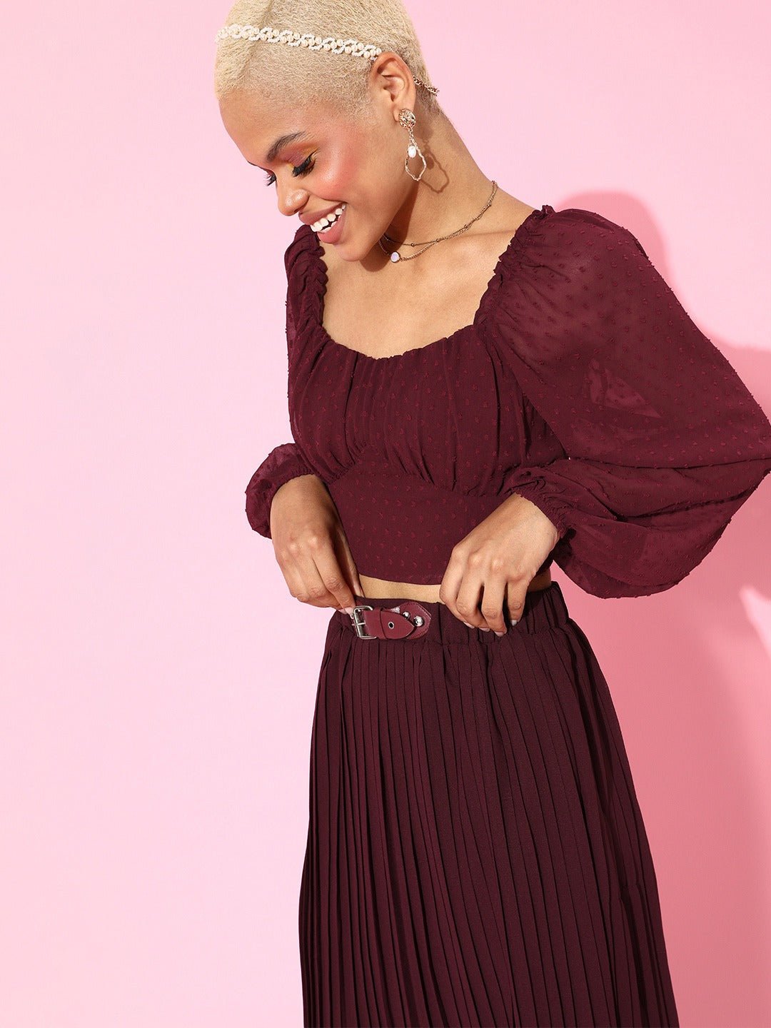 Folk Republic Women Solid Maroon Textured Crepe Smocked Blouson Crop Top - #folk republic#