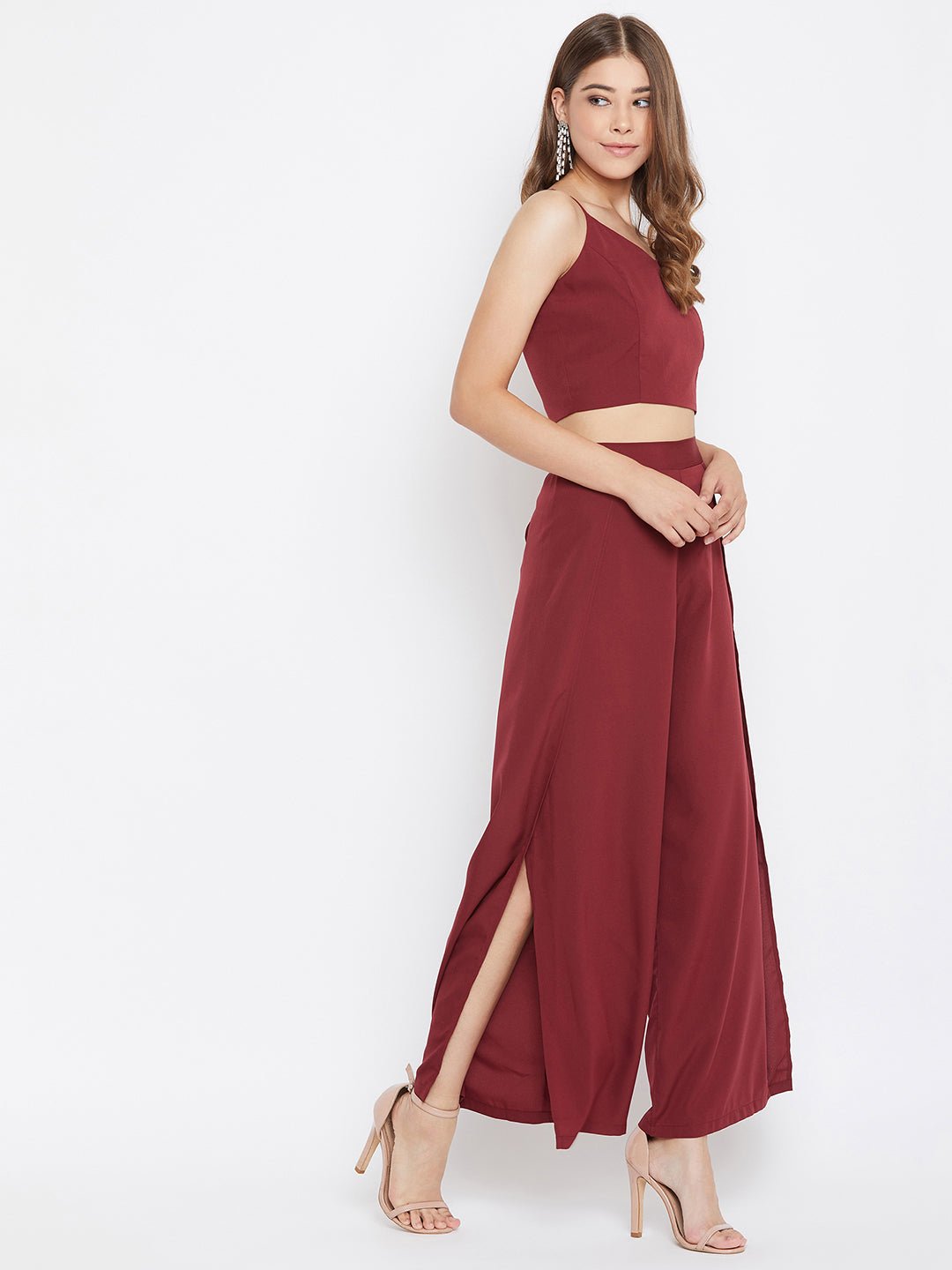 Folk Republic Women Solid Maroon V-Neck Crop Top and Trousers Set - #folk republic#