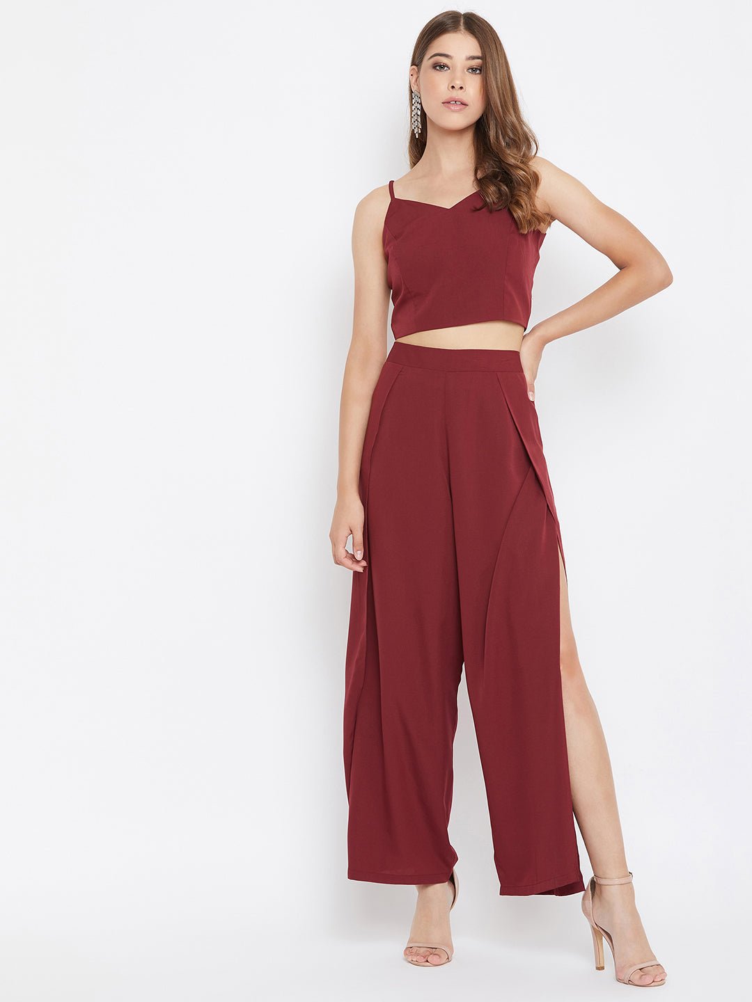 Folk Republic Women Solid Maroon V-Neck Crop Top and Trousers Set - #folk republic#