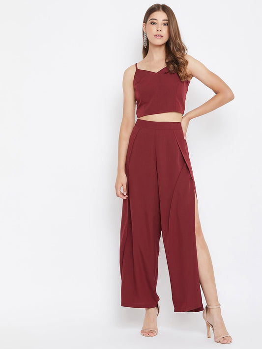 Folk Republic Women Solid Maroon V-Neck Crop Top and Trousers Set - #folk republic#