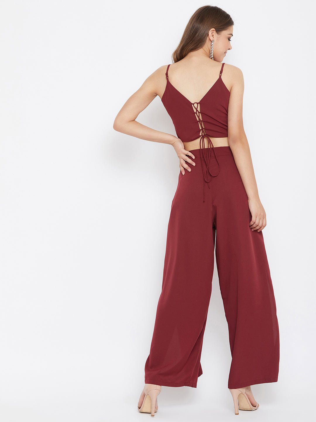 Folk Republic Women Solid Maroon V-Neck Crop Top and Trousers Set - #folk republic#