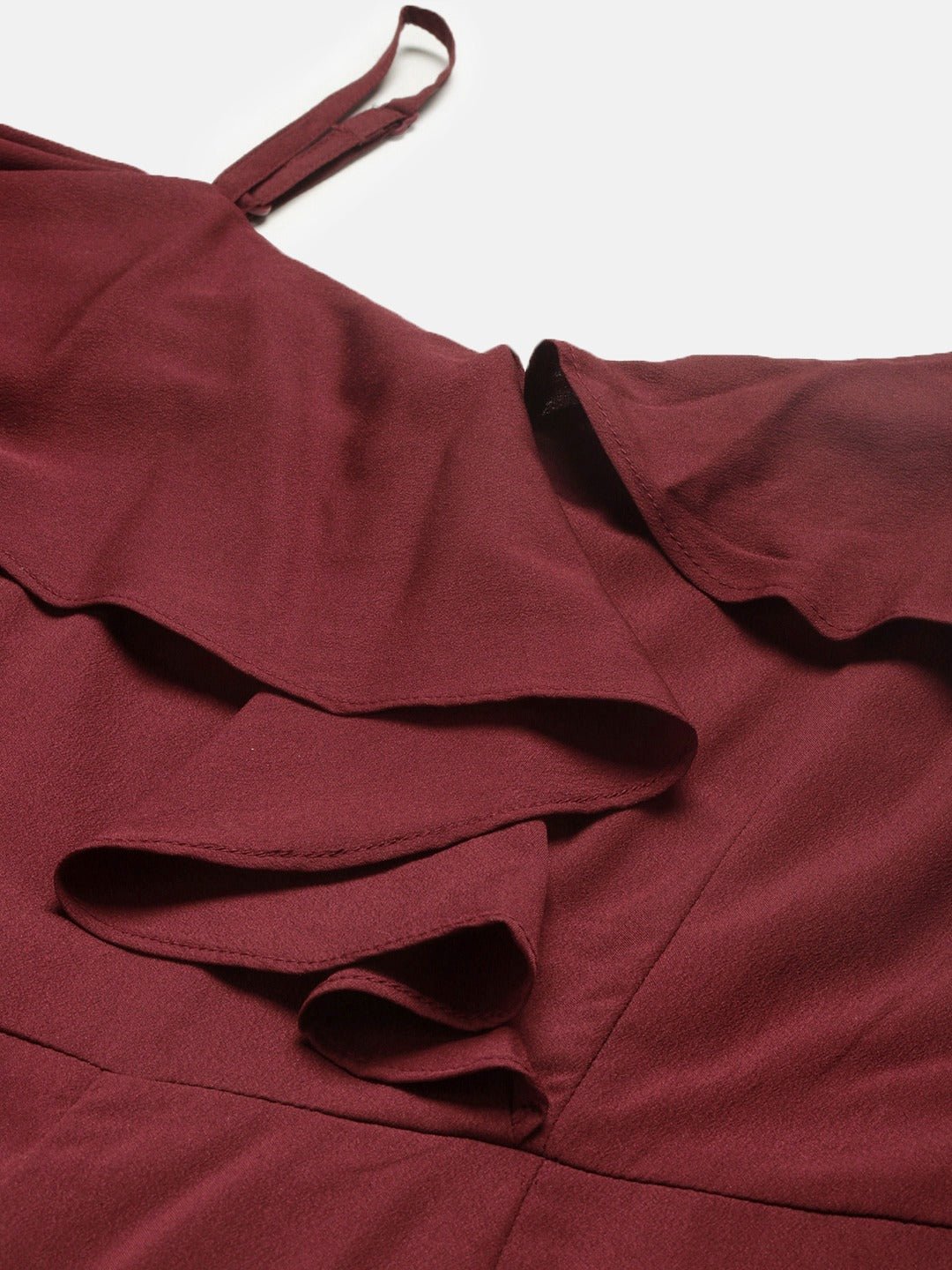 Folk Republic Women Solid Maroon V-Neck Ruffled Jumpsuit - #folk republic#