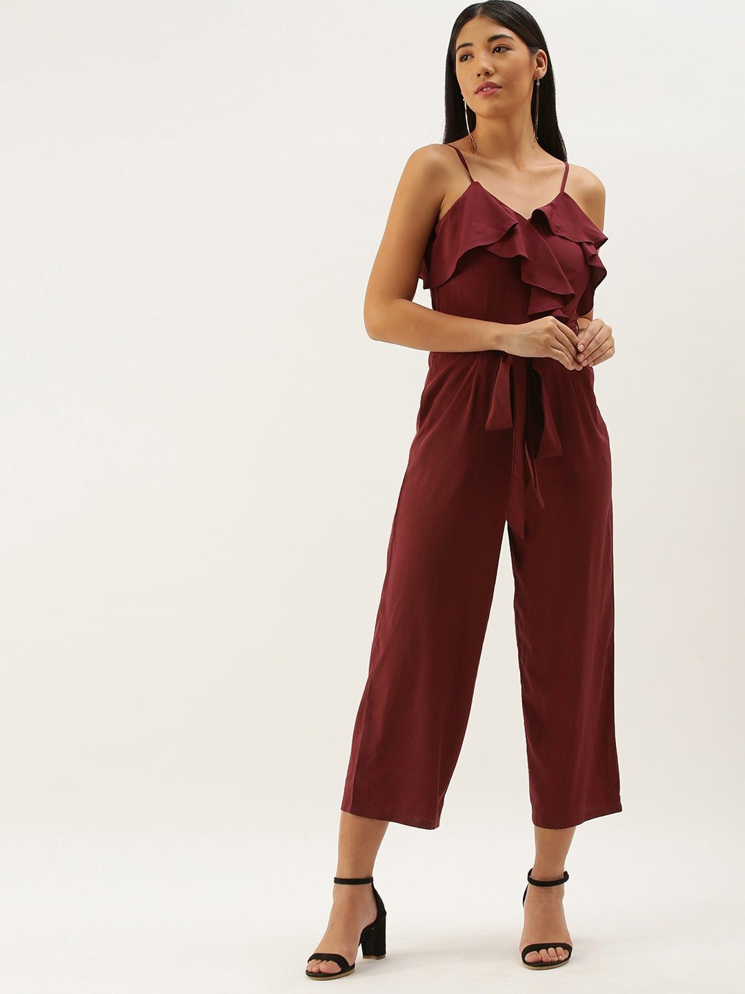 Folk Republic Women Solid Maroon V-Neck Ruffled Jumpsuit - #folk republic#
