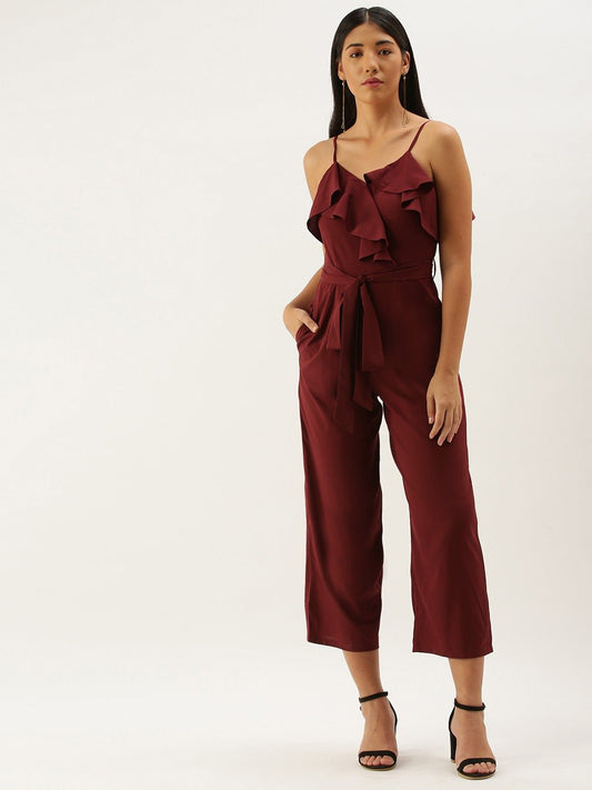 Folk Republic Women Solid Maroon V-Neck Ruffled Jumpsuit - #folk republic#