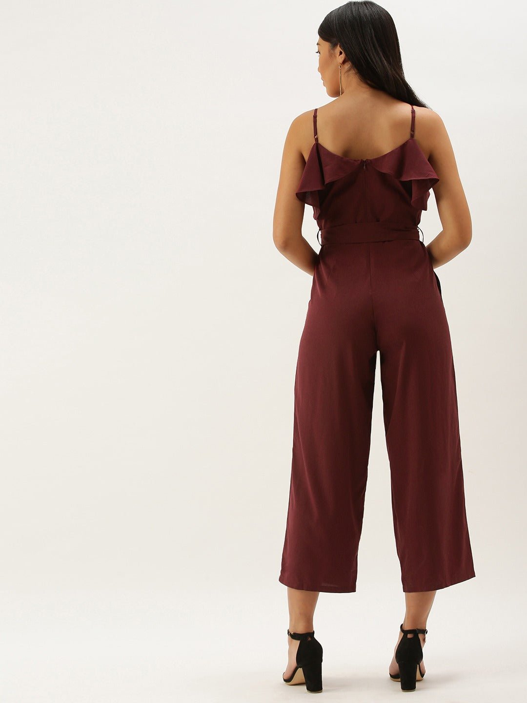 Folk Republic Women Solid Maroon V-Neck Ruffled Jumpsuit - #folk republic#