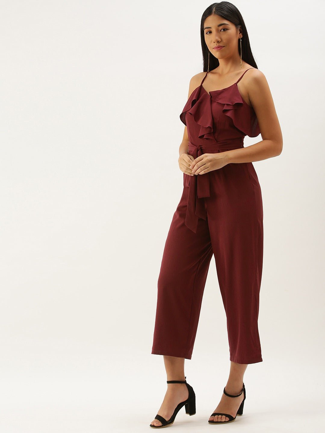 Folk Republic Women Solid Maroon V-Neck Ruffled Jumpsuit - #folk republic#