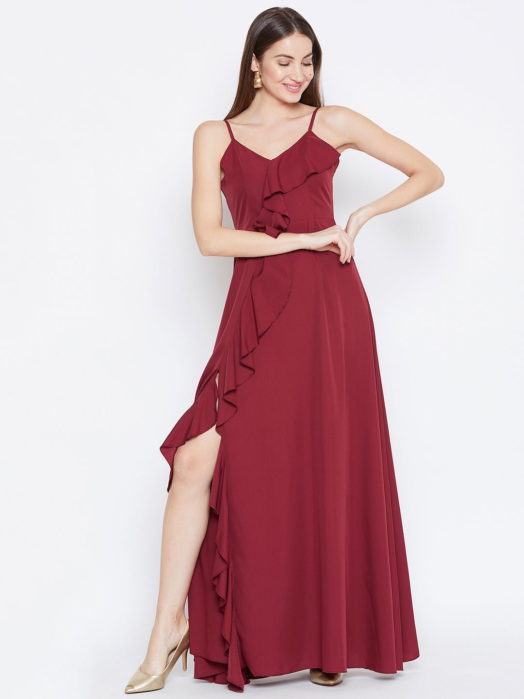 Folk Republic Women Solid Maroon V-Neck Sleeveless Crepe Ruffled Maxi Dress - #folk republic#