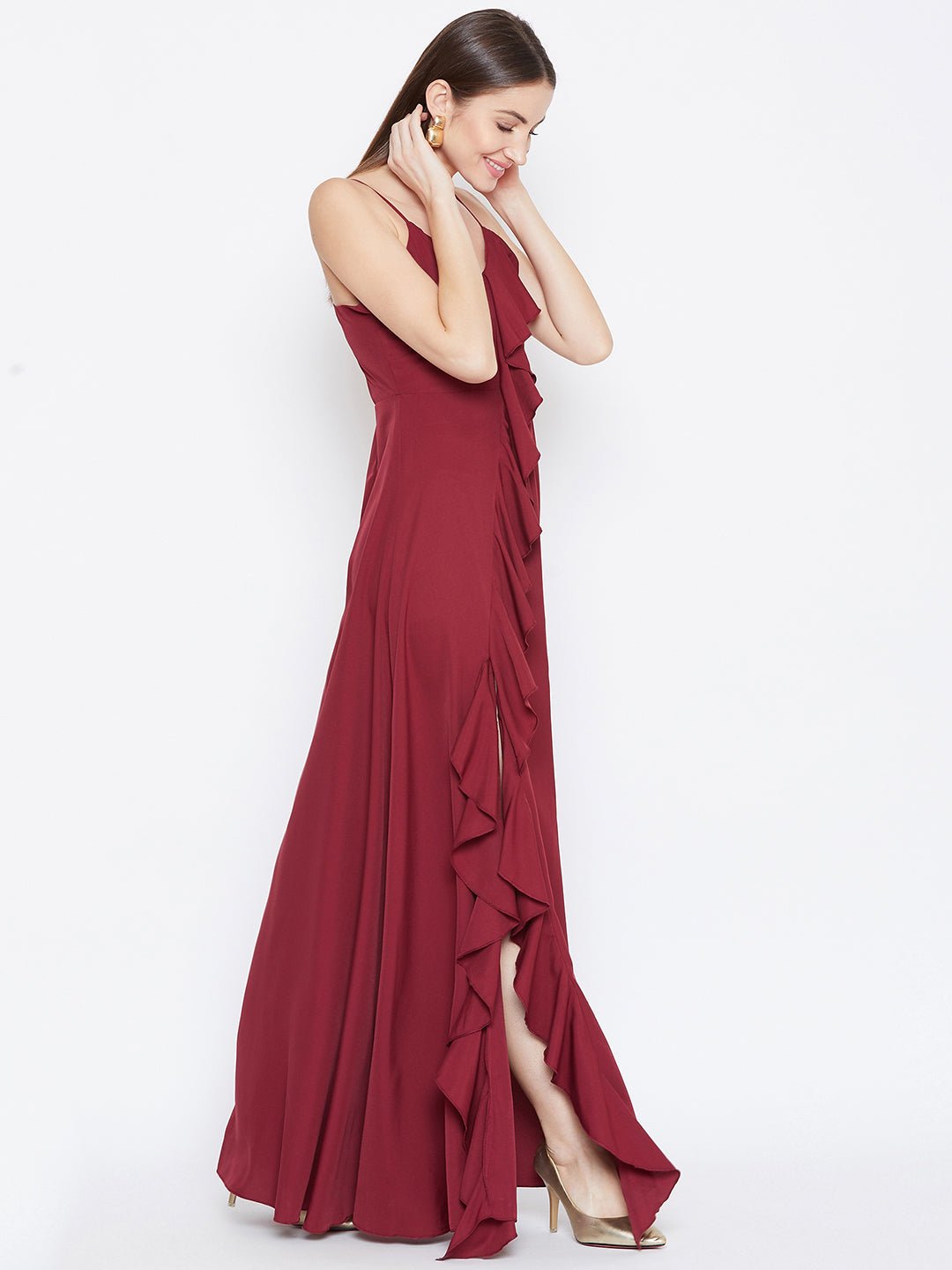 Folk Republic Women Solid Maroon V-Neck Sleeveless Crepe Ruffled Maxi Dress - #folk republic#