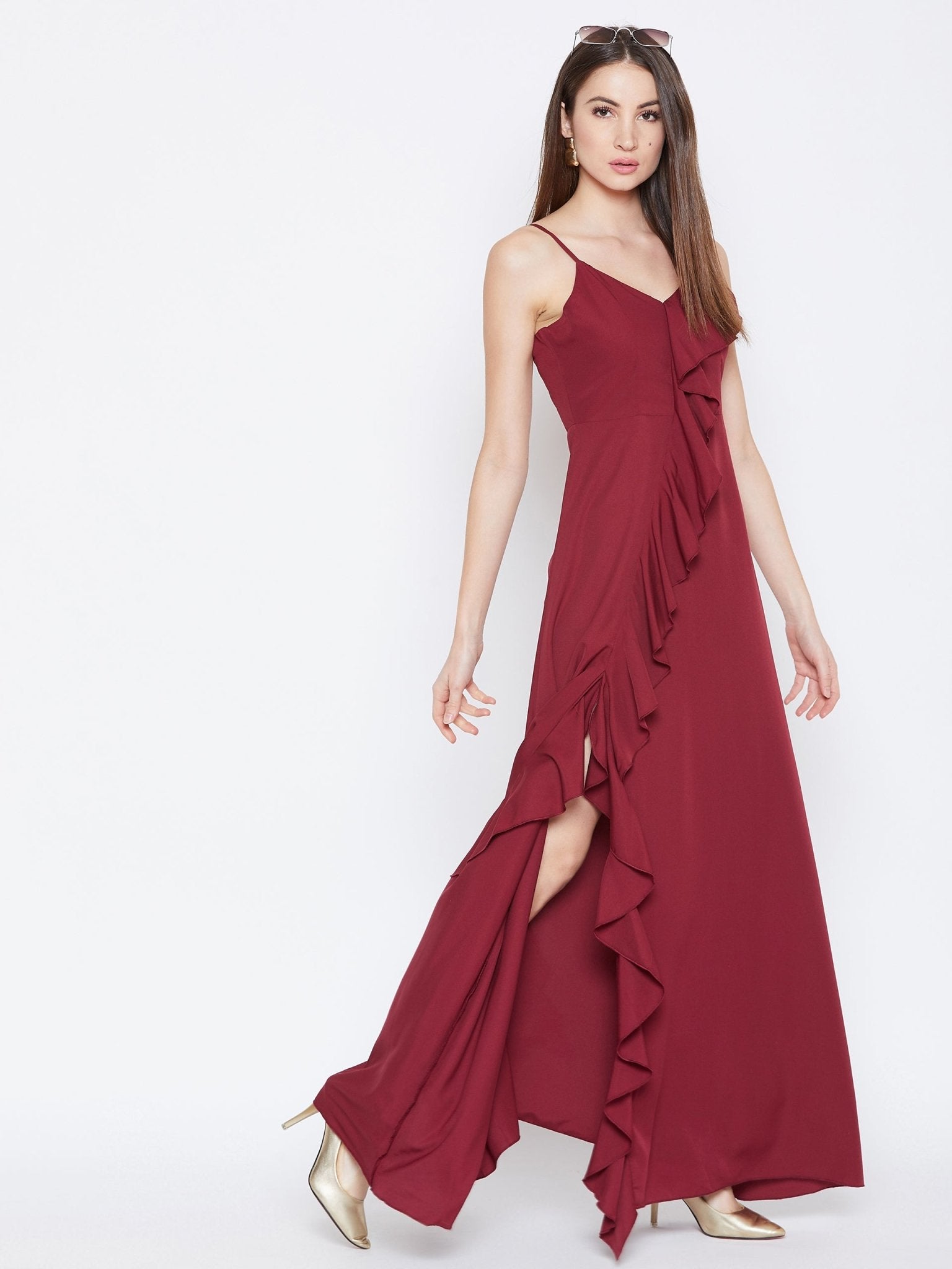 Folk Republic Women Solid Maroon V-Neck Sleeveless Crepe Ruffled Maxi Dress - #folk republic#