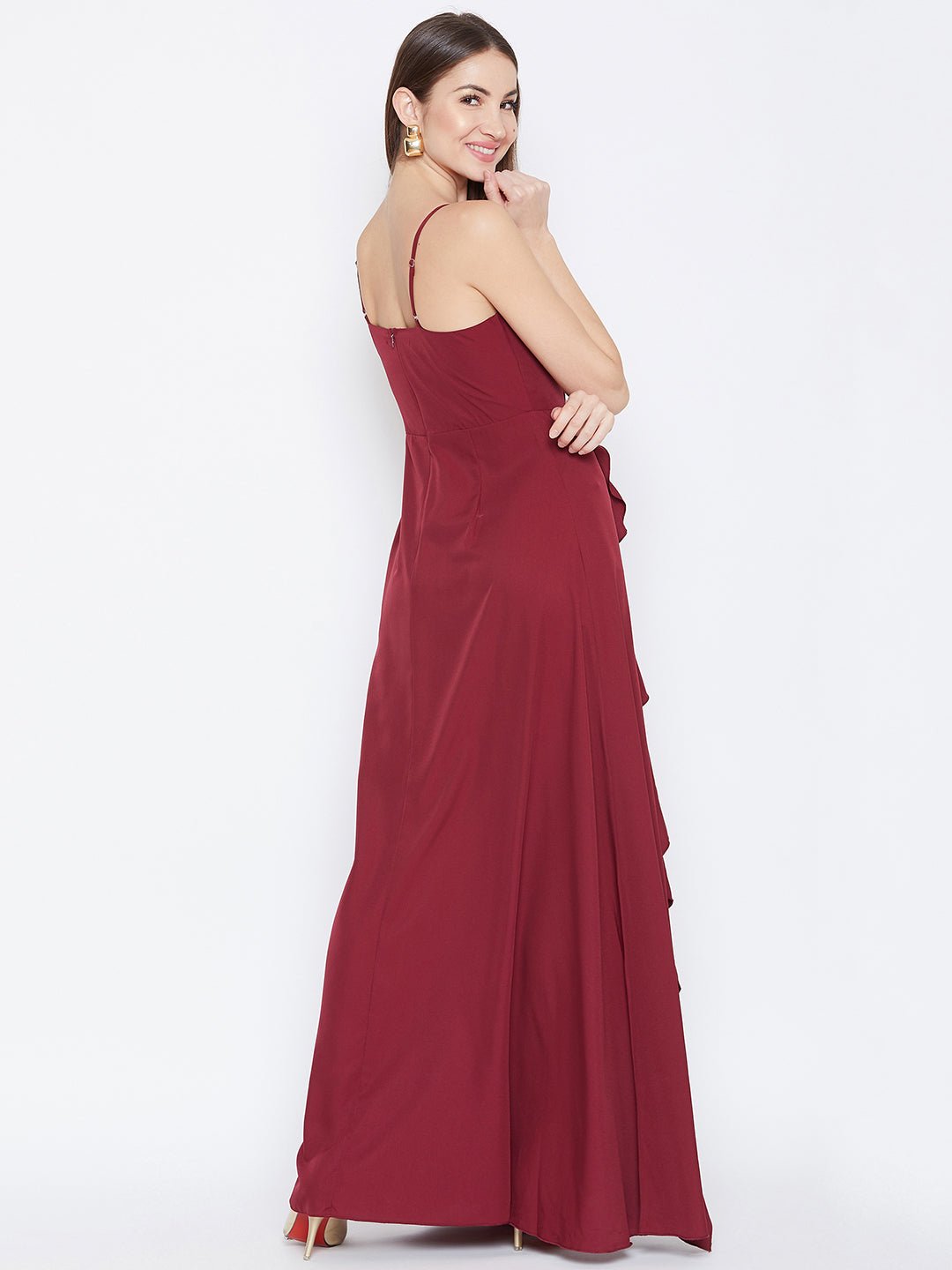 Folk Republic Women Solid Maroon V-Neck Sleeveless Crepe Ruffled Maxi Dress - #folk republic#