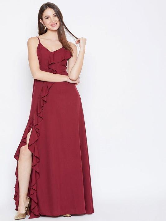 Folk Republic Women Solid Maroon V-Neck Sleeveless Crepe Ruffled Maxi Dress - #folk republic#