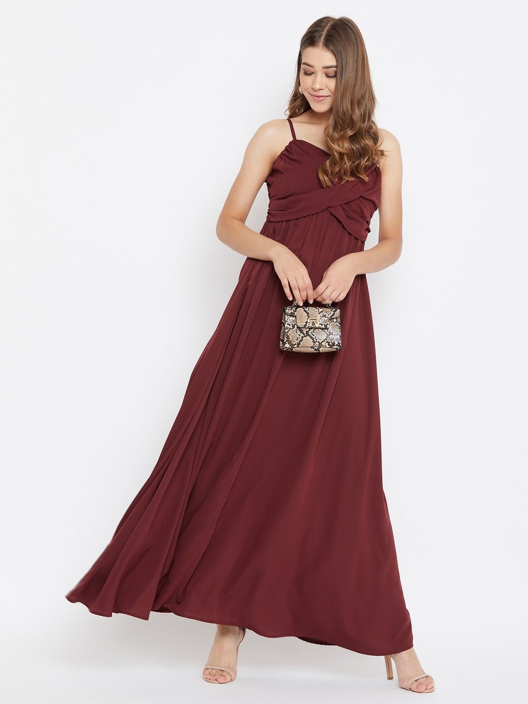 Folk Republic Women Solid Maroon V-Neck Sleeveless Ruched Bust Maxi Dress - #folk republic#