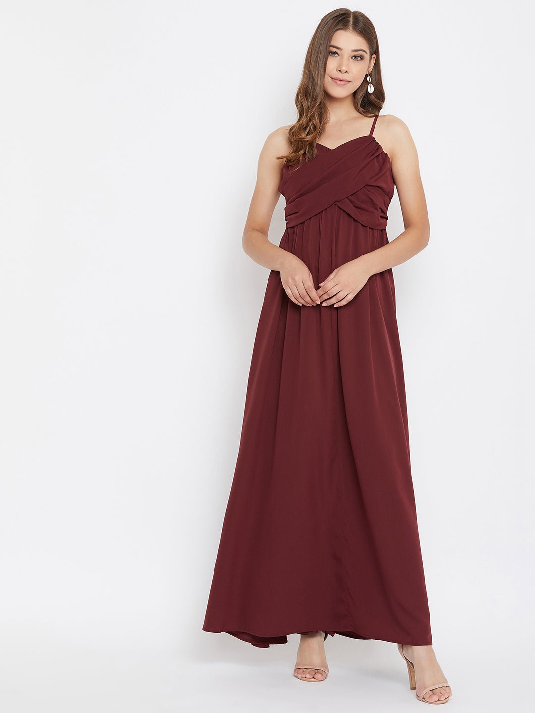 Folk Republic Women Solid Maroon V-Neck Sleeveless Ruched Bust Maxi Dress - #folk republic#