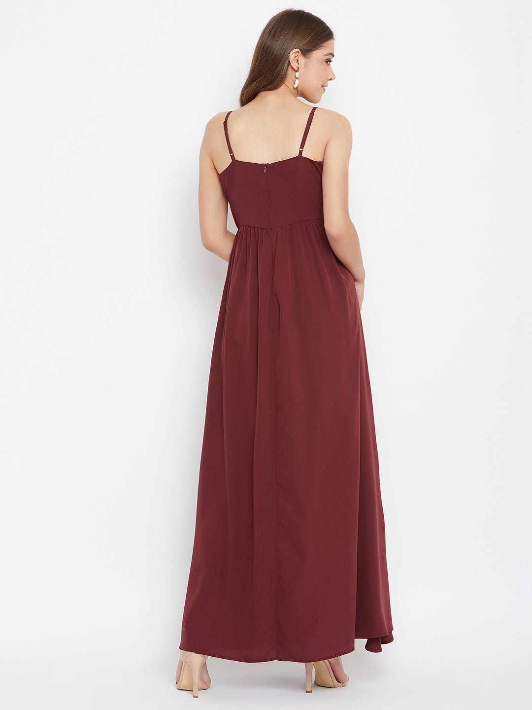 Folk Republic Women Solid Maroon V-Neck Sleeveless Ruched Bust Maxi Dress - #folk republic#