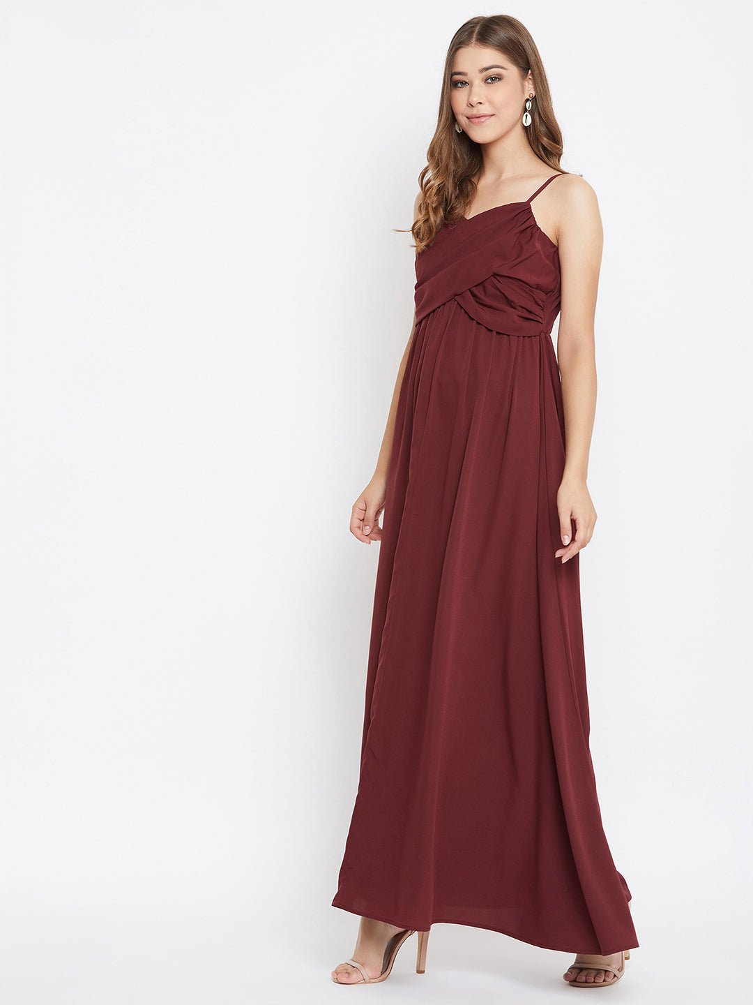 Folk Republic Women Solid Maroon V-Neck Sleeveless Ruched Bust Maxi Dress - #folk republic#