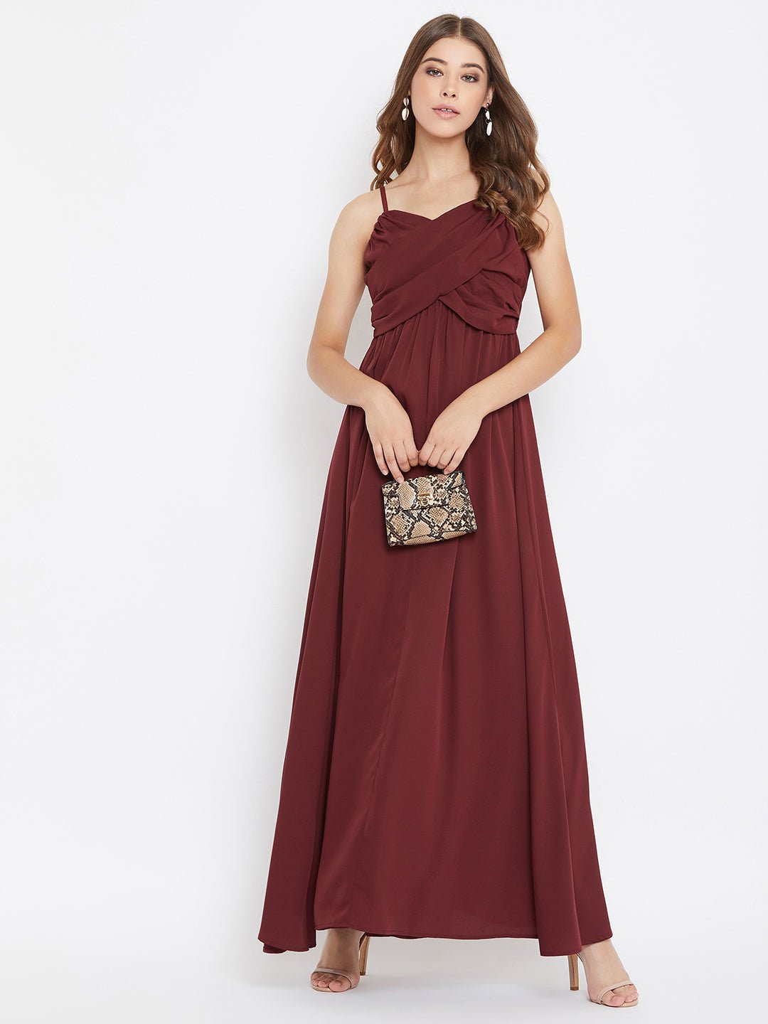 Folk Republic Women Solid Maroon V-Neck Sleeveless Ruched Bust Maxi Dress - #folk republic#