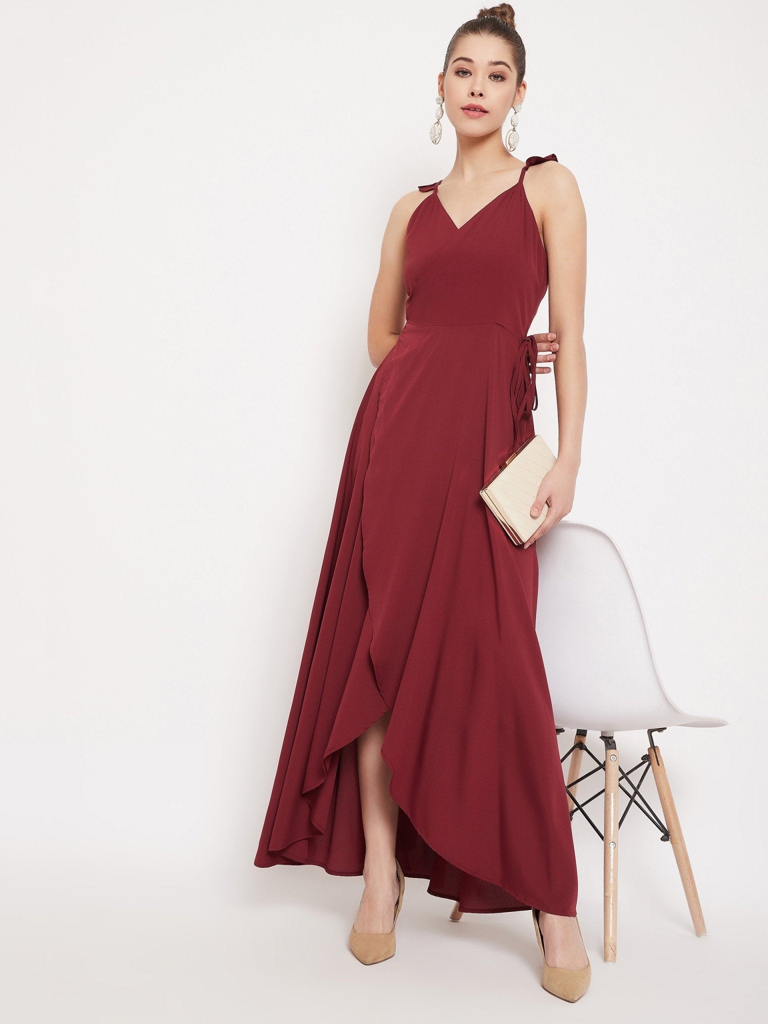 Folk Republic Women Solid Maroon V-Neck Thigh-High Slit Tulip Hem Wrap Maxi Dress - #folk republic#