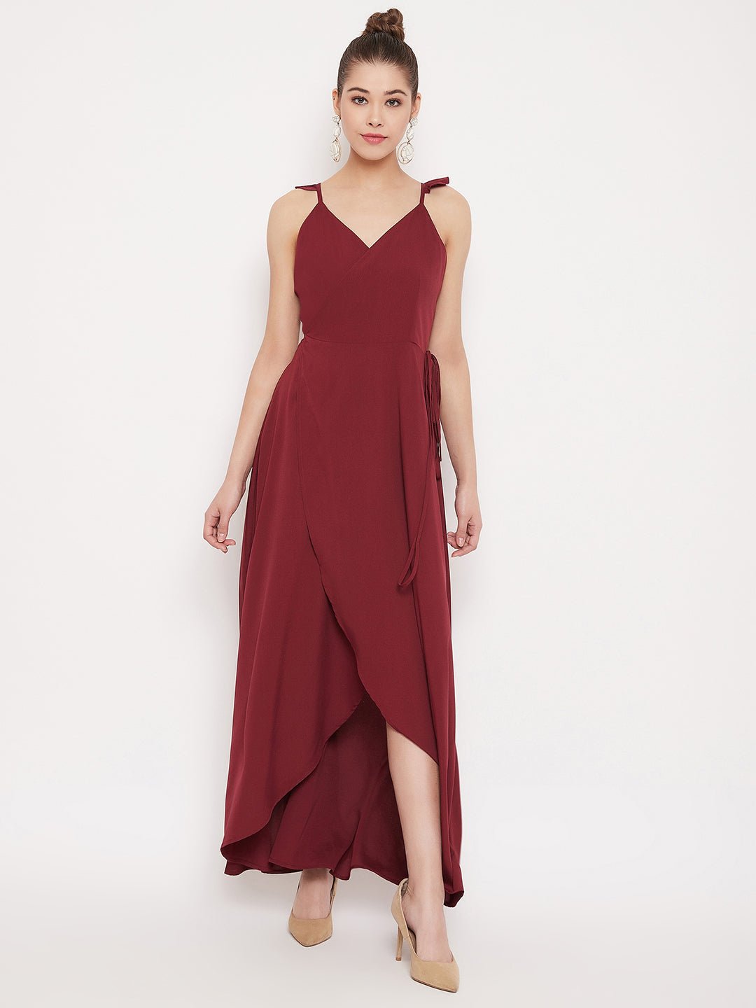 Folk Republic Women Solid Maroon V-Neck Thigh-High Slit Tulip Hem Wrap Maxi Dress - #folk republic#