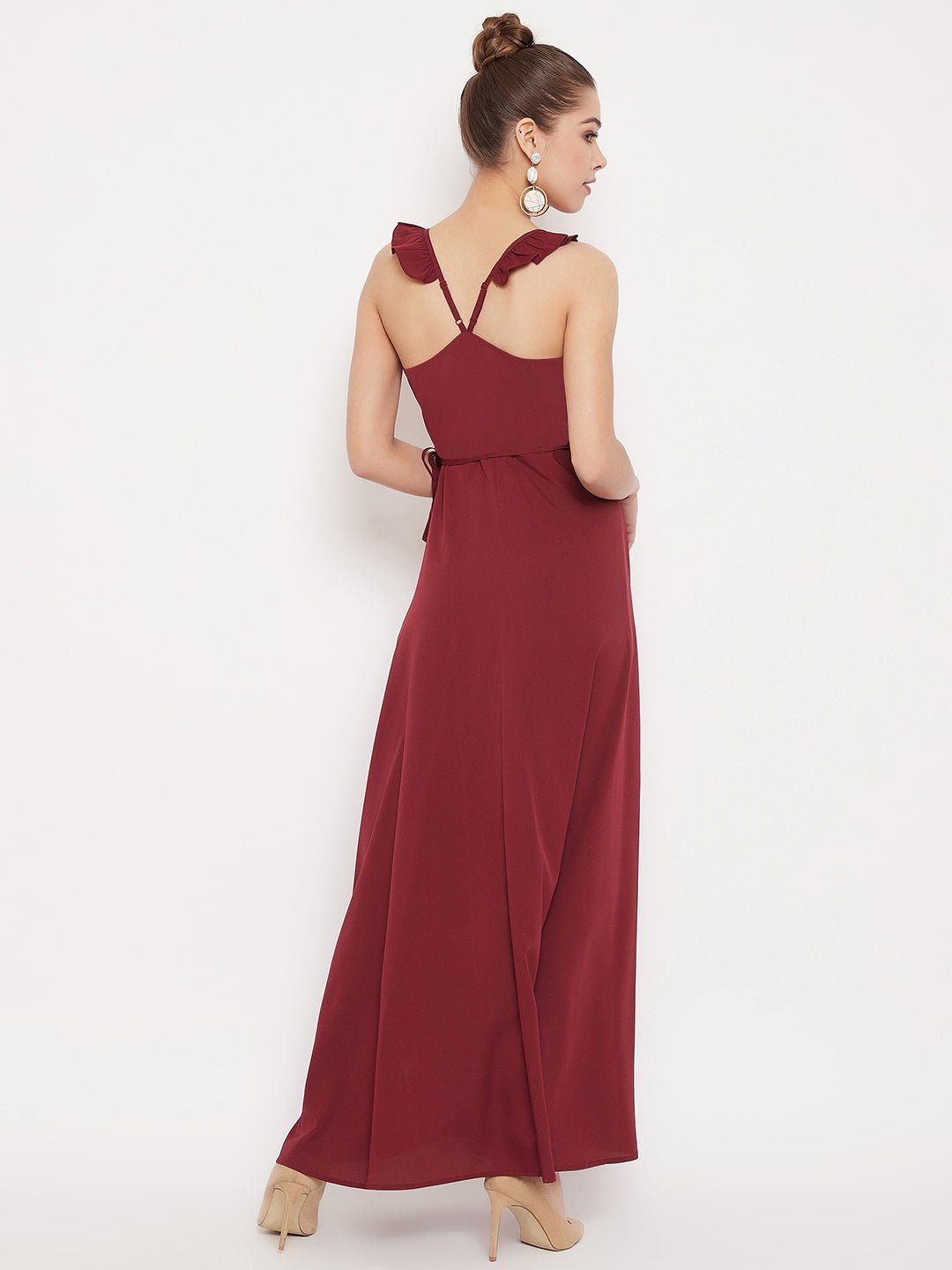 Folk Republic Women Solid Maroon V-Neck Thigh-High Slit Tulip Hem Wrap Maxi Dress - #folk republic#