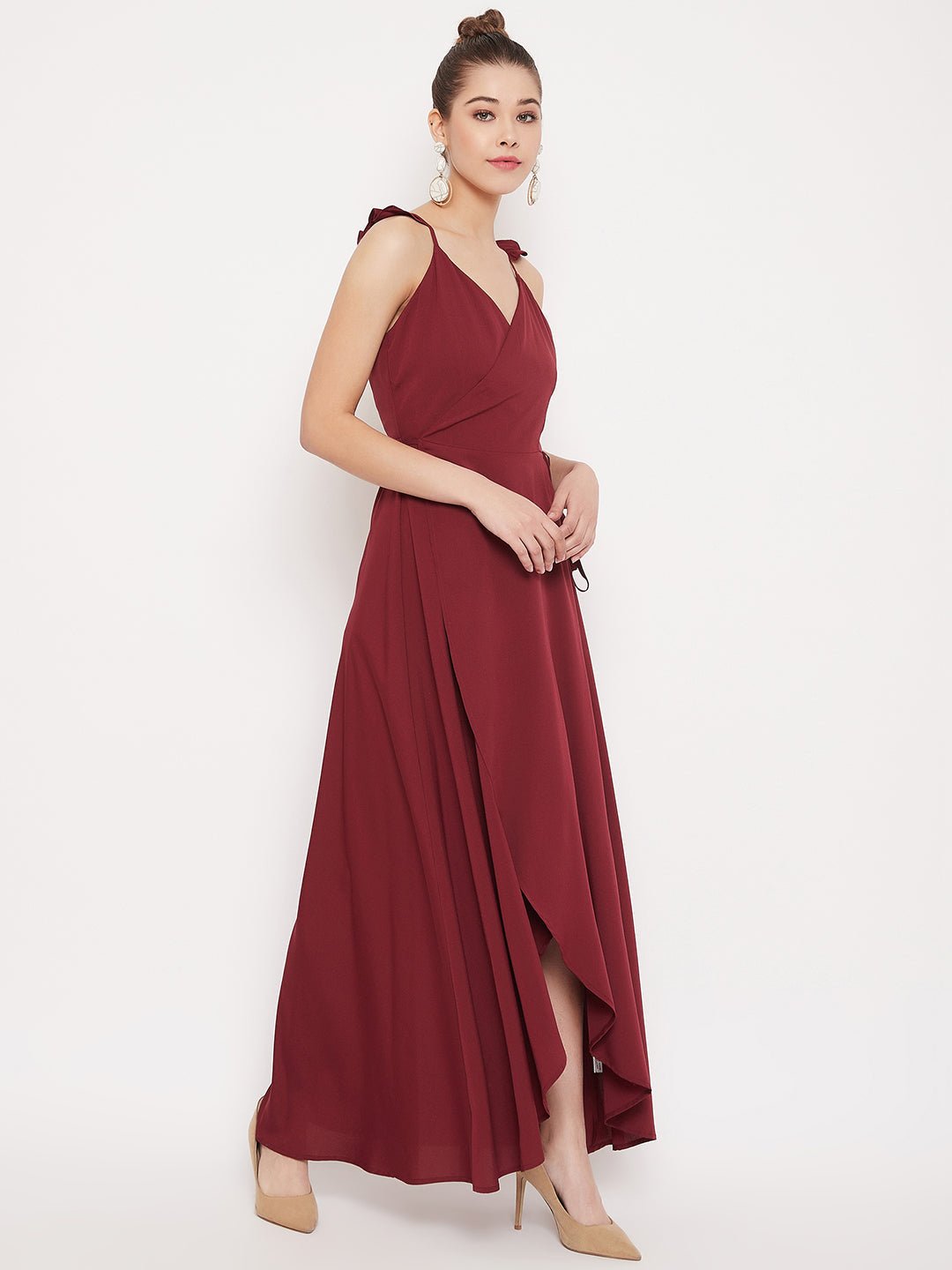 Folk Republic Women Solid Maroon V-Neck Thigh-High Slit Tulip Hem Wrap Maxi Dress - #folk republic#