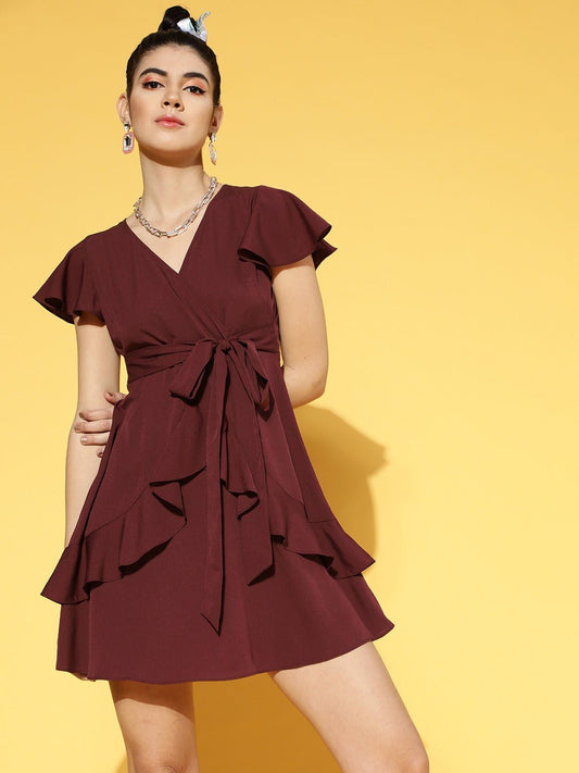Folk Republic Women Solid Maroon V-Neck Waist Tie-Up Crepe Ruffled Fit & Flare Wrap Mini Dress - #folk republic#