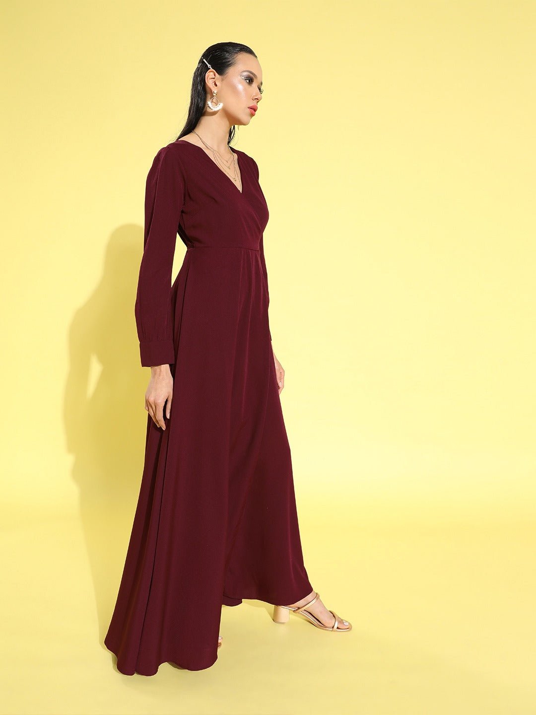 Folk Republic Women Solid Maroon V-Neck Waist Tie-Up Thigh-High Slit Flared Maxi Dress - #folk republic#