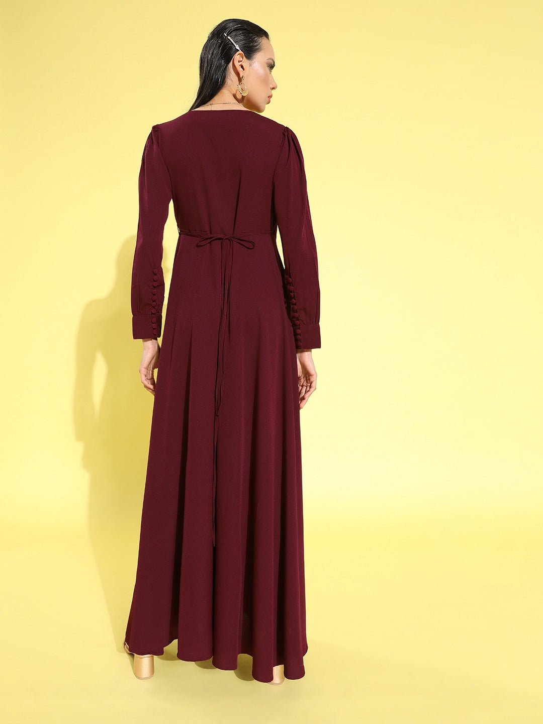 Folk Republic Women Solid Maroon V-Neck Waist Tie-Up Thigh-High Slit Flared Maxi Dress - #folk republic#