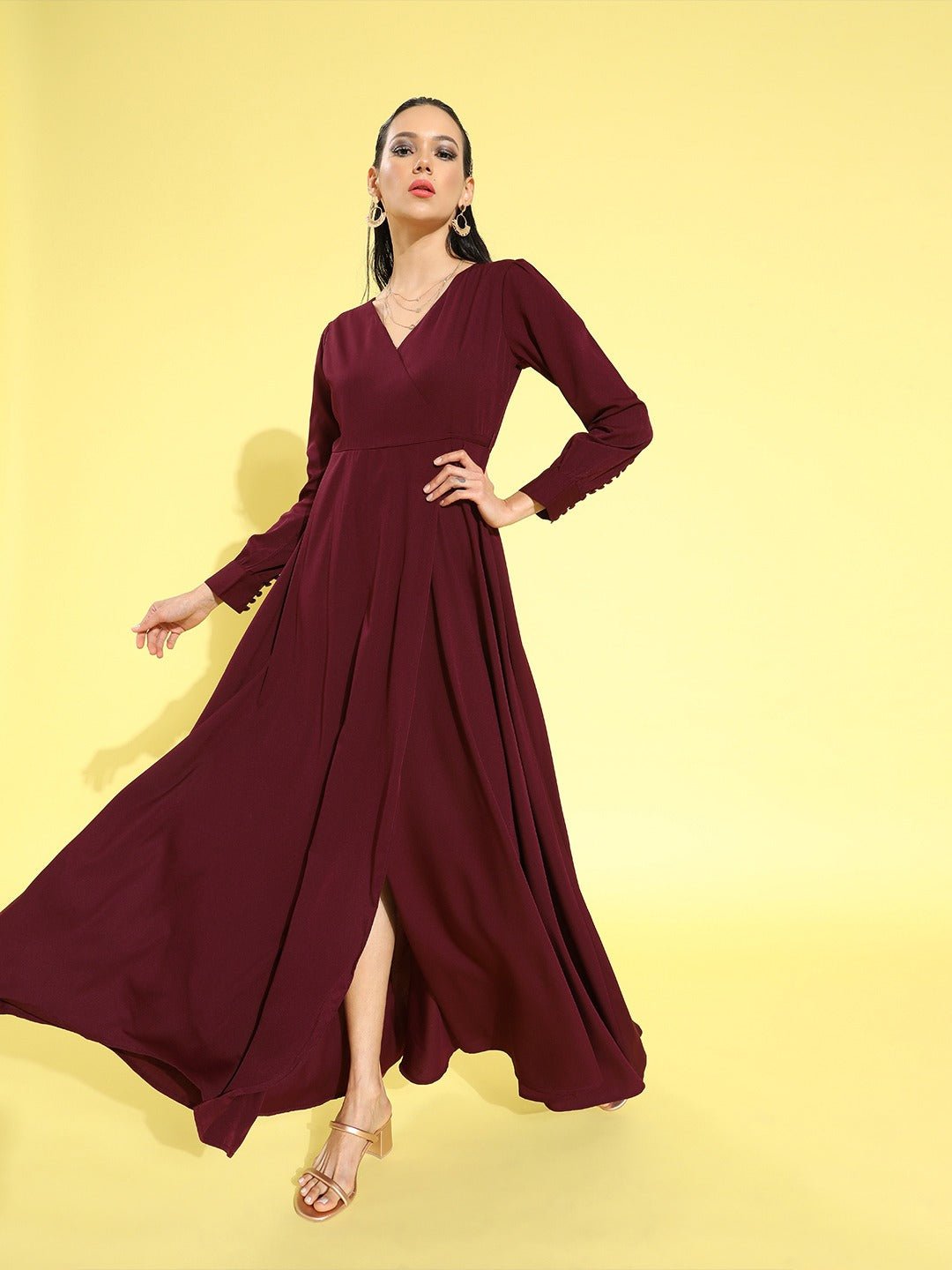 Folk Republic Women Solid Maroon V-Neck Waist Tie-Up Thigh-High Slit Flared Maxi Dress - #folk republic#