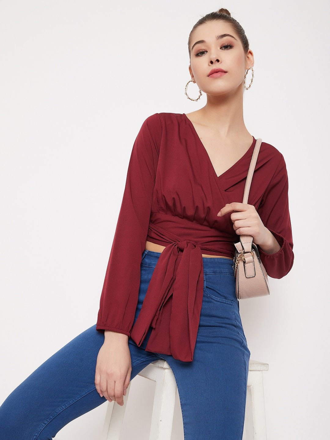 Folk Republic Women Solid Maroon V-Neck Wrap Crop Top - #folk republic#