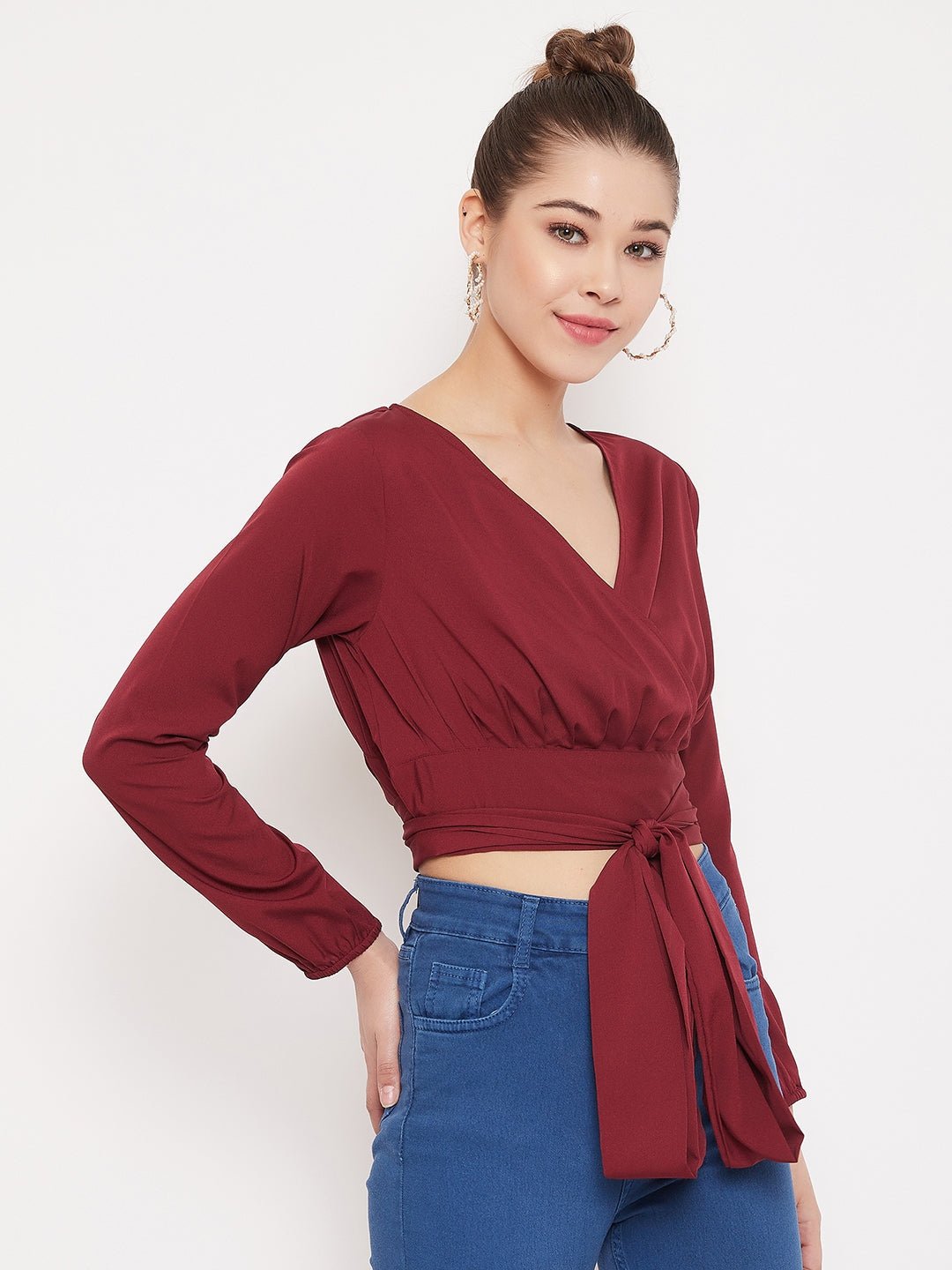 Folk Republic Women Solid Maroon V-Neck Wrap Crop Top - #folk republic#