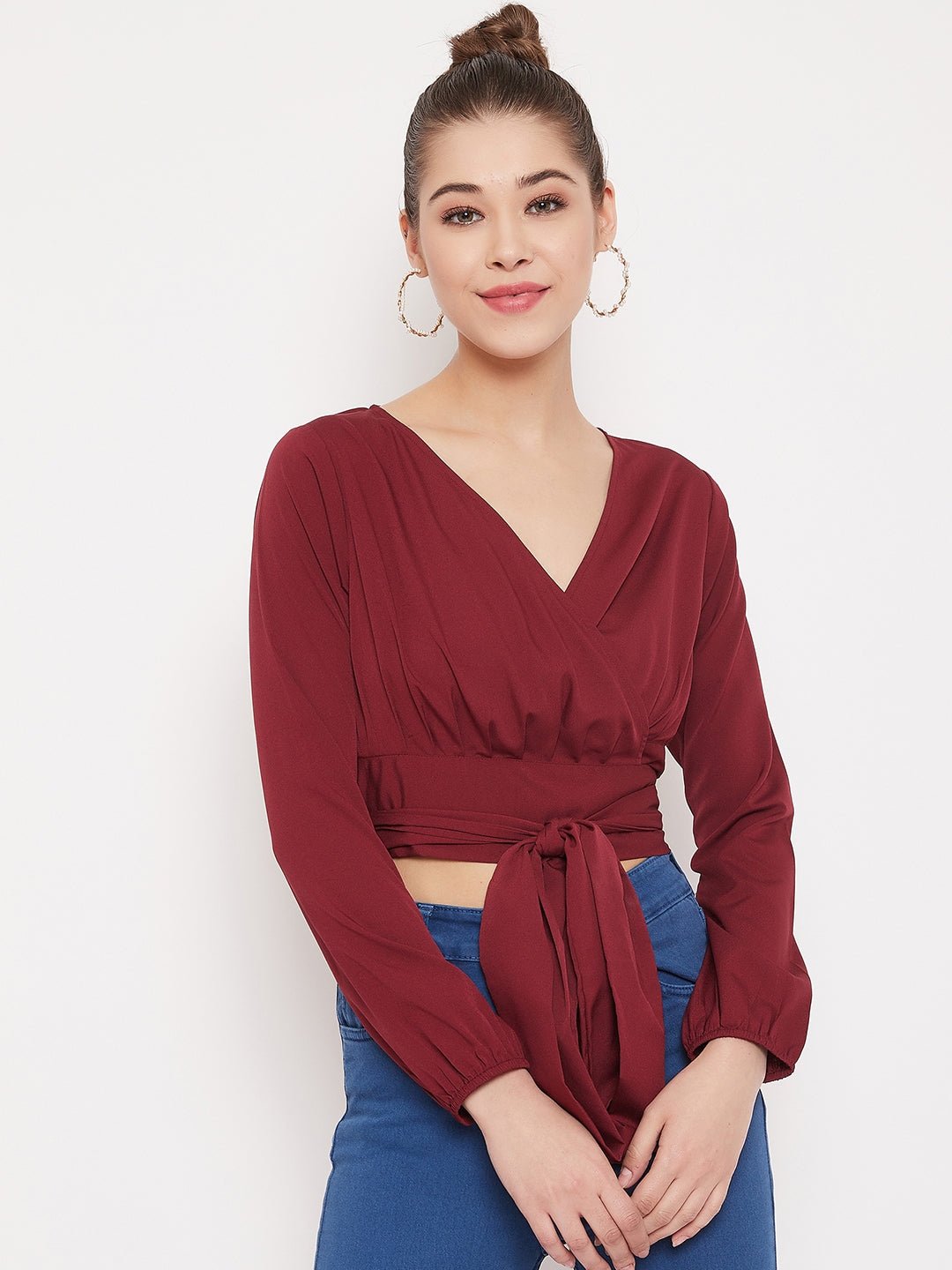 Folk Republic Women Solid Maroon V-Neck Wrap Crop Top - #folk republic#