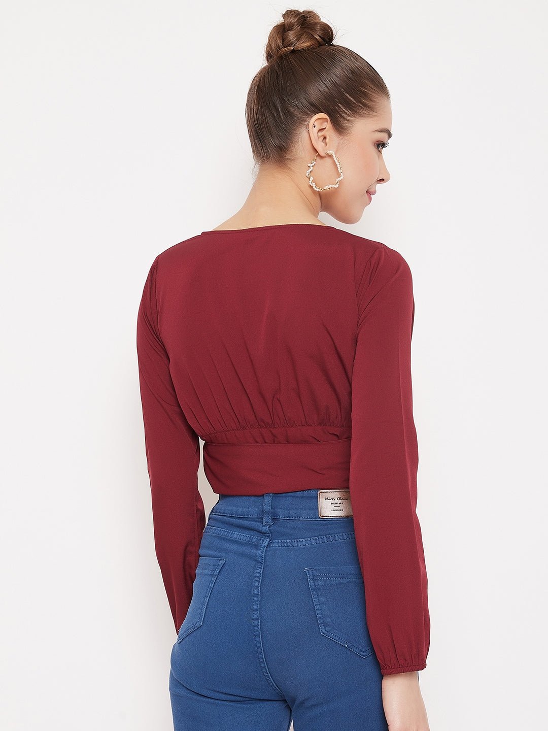 Folk Republic Women Solid Maroon V-Neck Wrap Crop Top - #folk republic#