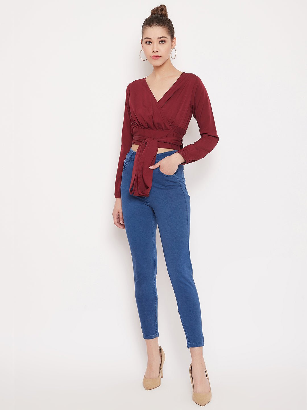 Folk Republic Women Solid Maroon V-Neck Wrap Crop Top - #folk republic#