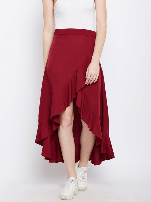 Folk Republic Women Solid Maroon Waist Tie-Up Ruffled High-Low Wrap Maxi Skirt - #folk republic#