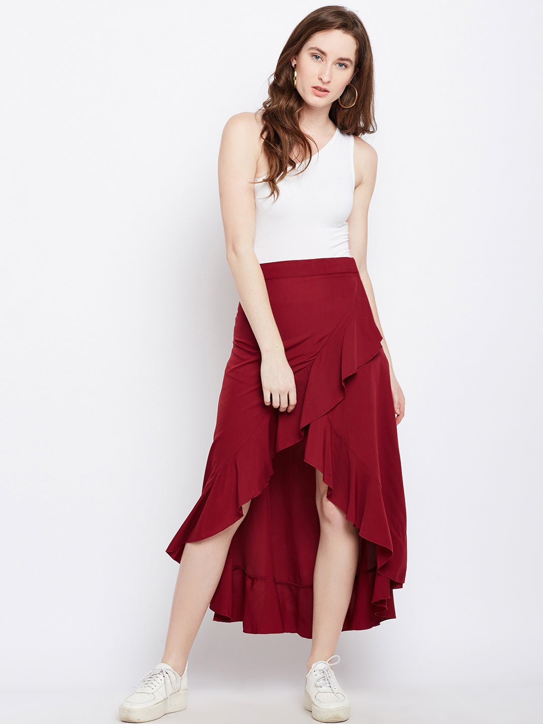 Folk Republic Women Solid Maroon Waist Tie-Up Ruffled High-Low Wrap Maxi Skirt - #folk republic#