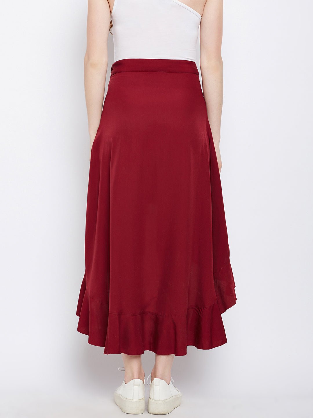 Folk Republic Women Solid Maroon Waist Tie-Up Ruffled High-Low Wrap Maxi Skirt - #folk republic#