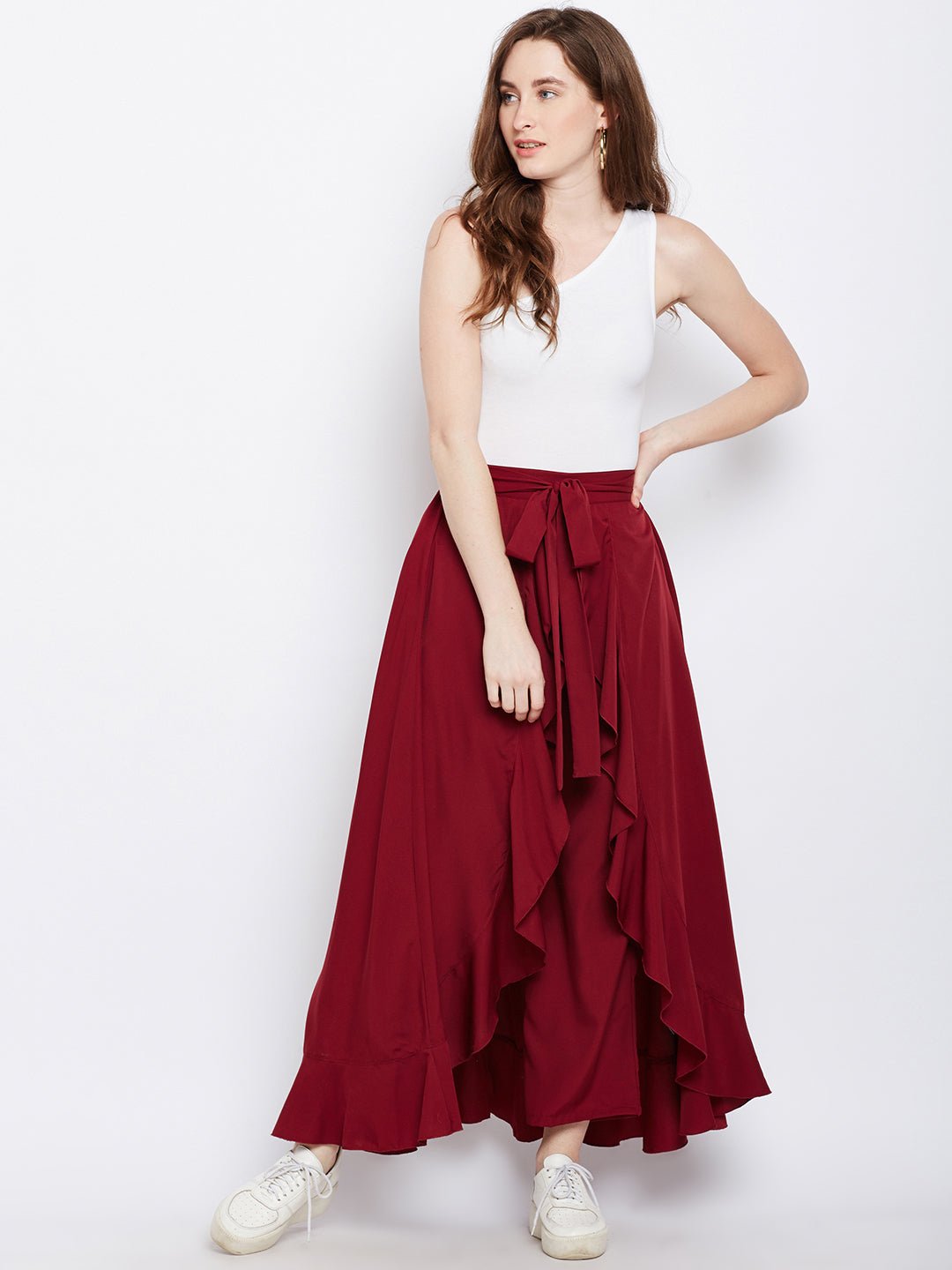 Folk Republic Women Solid Maroon Waist Tie-Up Ruffled Maxi Skirt with Attached Trousers - #folk republic#