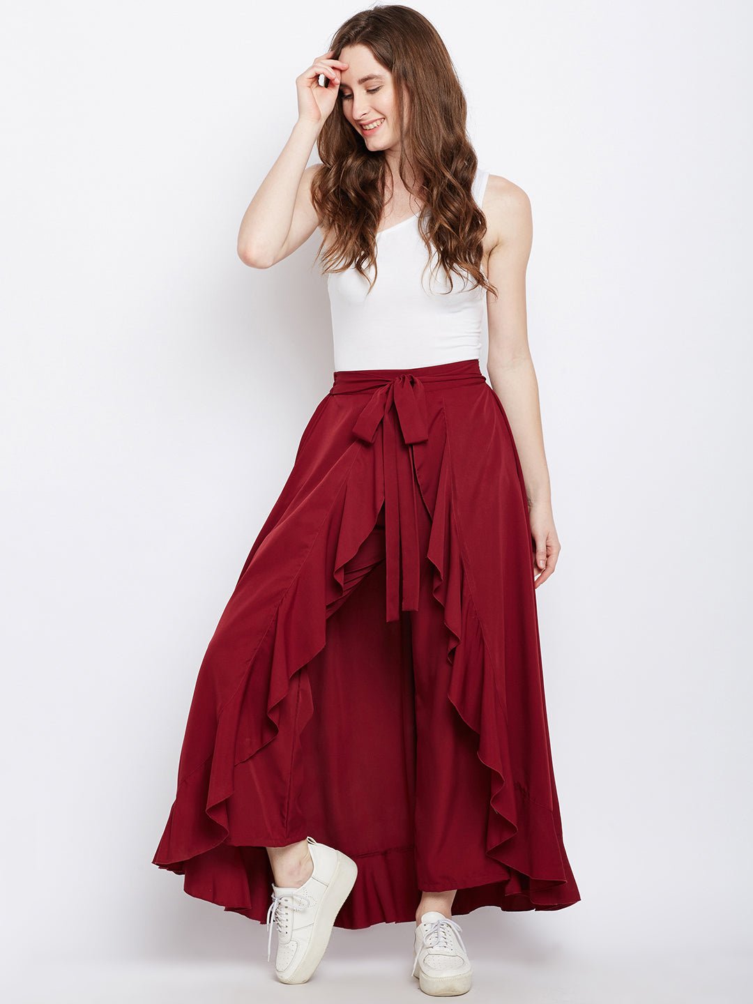 Folk Republic Women Solid Maroon Waist Tie-Up Ruffled Maxi Skirt with Attached Trousers - #folk republic#