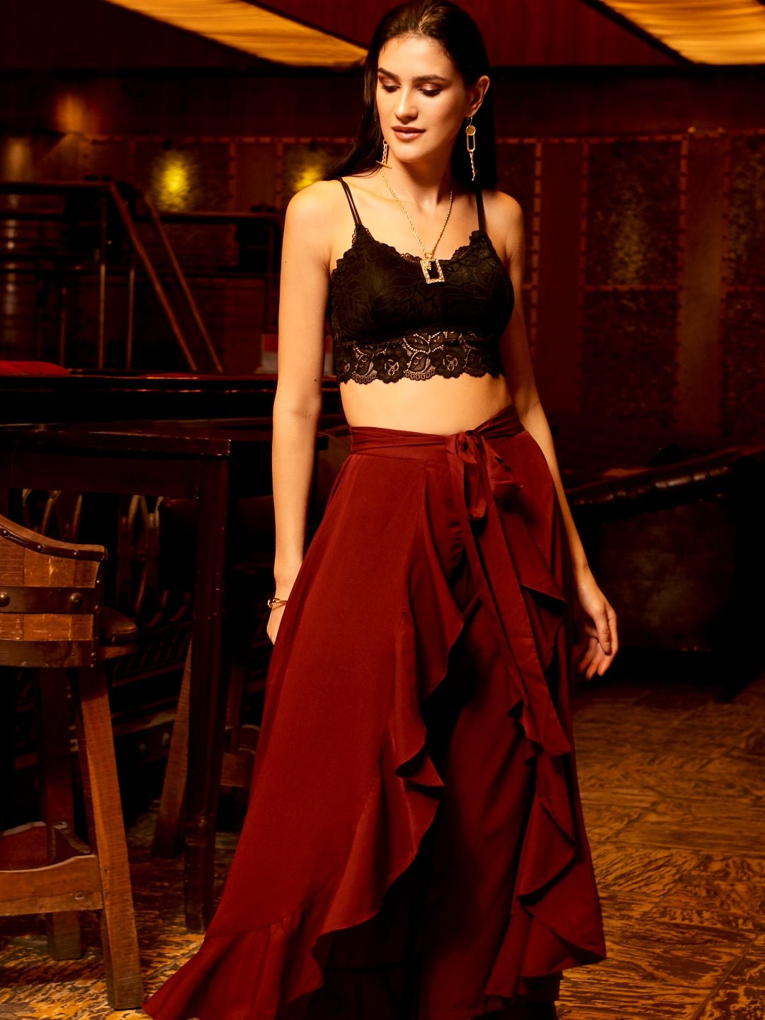 Folk Republic Women Solid Maroon Waist Tie-Up Ruffled Maxi Skirt with Attached Trousers - #folk republic#