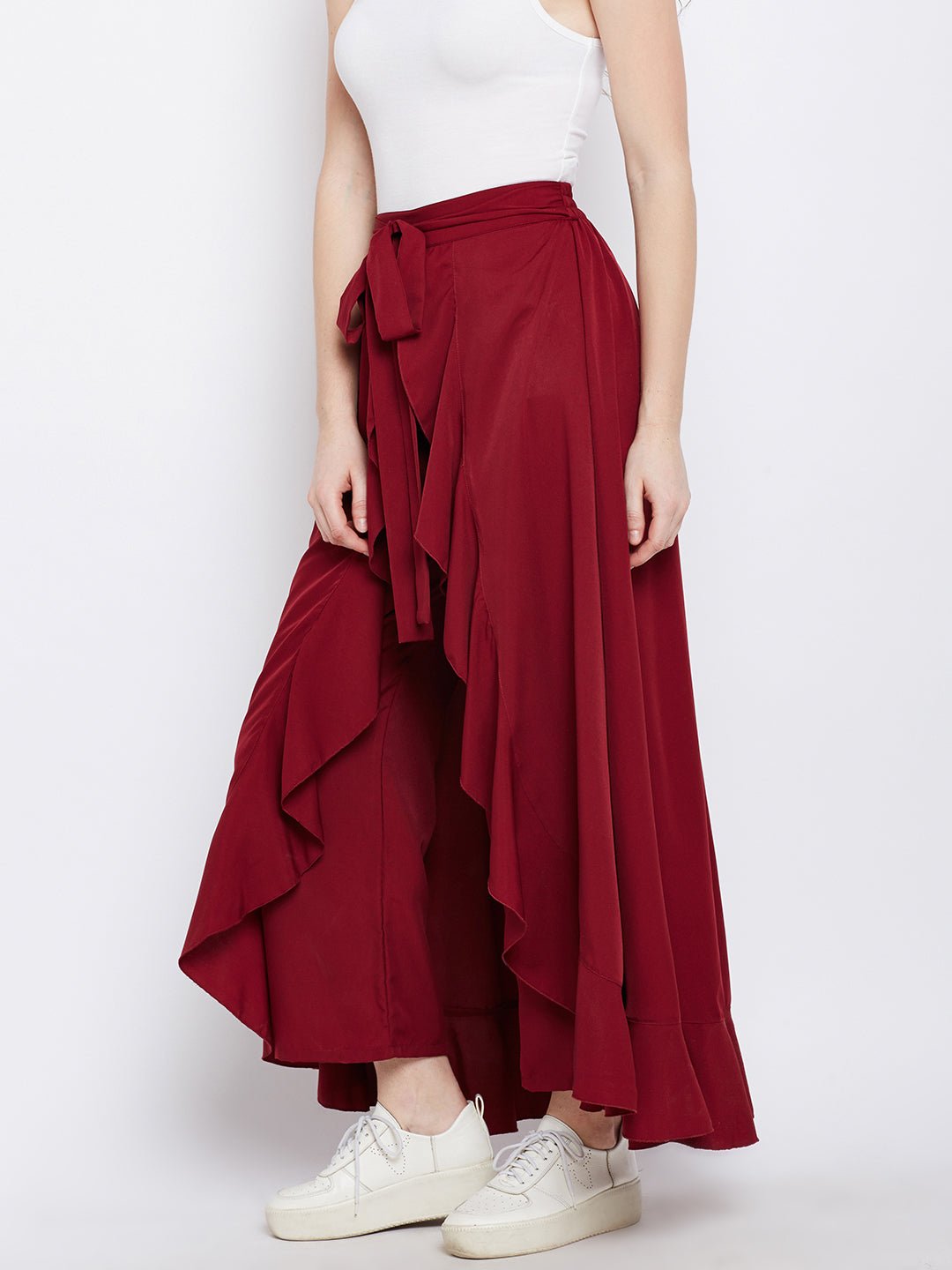 Folk Republic Women Solid Maroon Waist Tie-Up Ruffled Maxi Skirt with Attached Trousers - #folk republic#