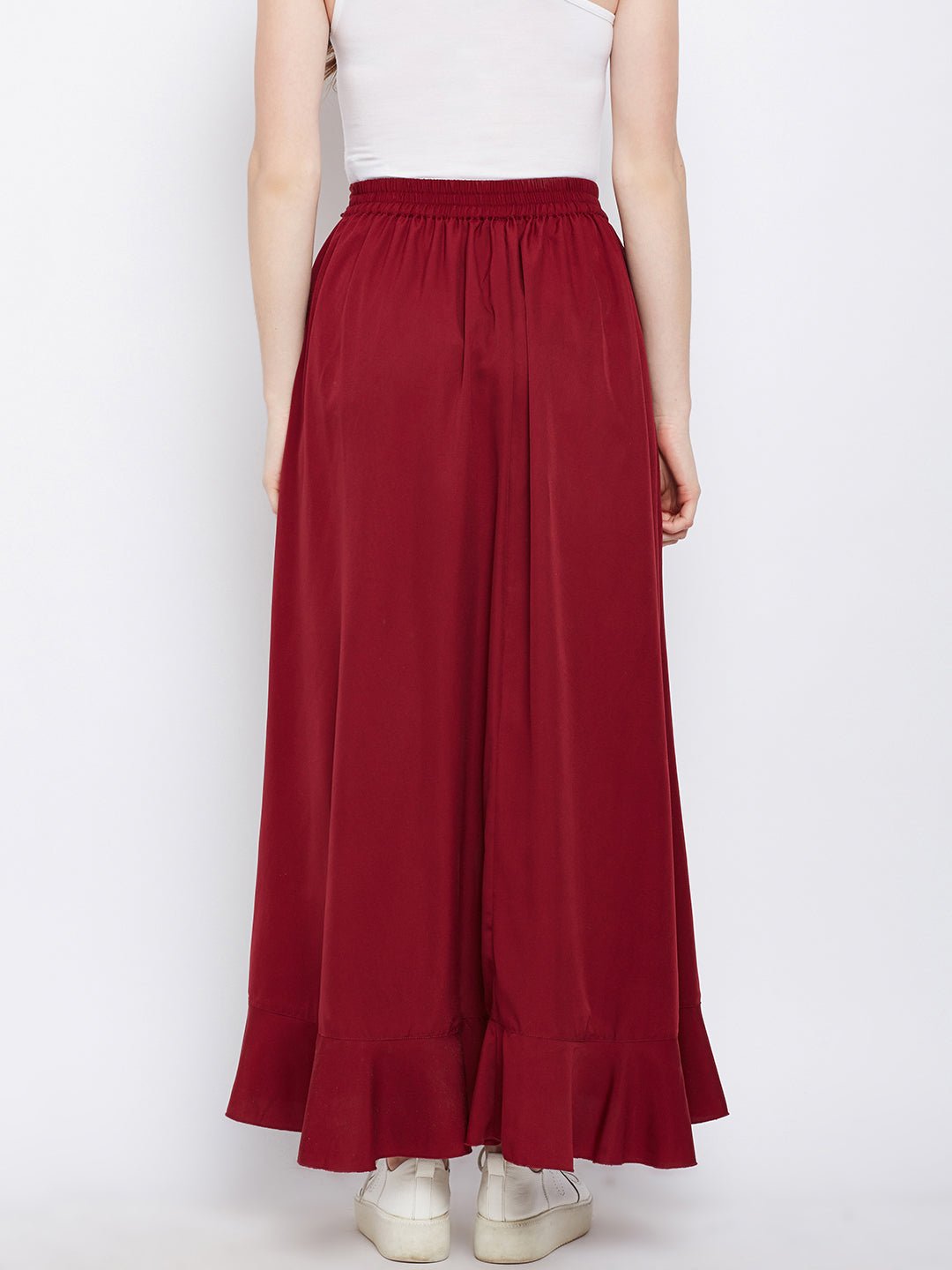 Folk Republic Women Solid Maroon Waist Tie-Up Ruffled Maxi Skirt with Attached Trousers - #folk republic#