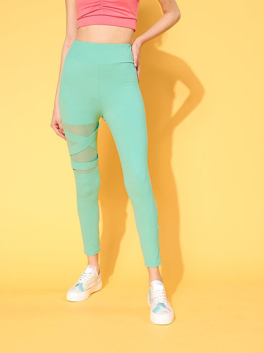 Folk Republic Women Solid Mint Green Super Stretchy & High Waisted Criss-Cross Mesh Sports Tights - #folk republic#